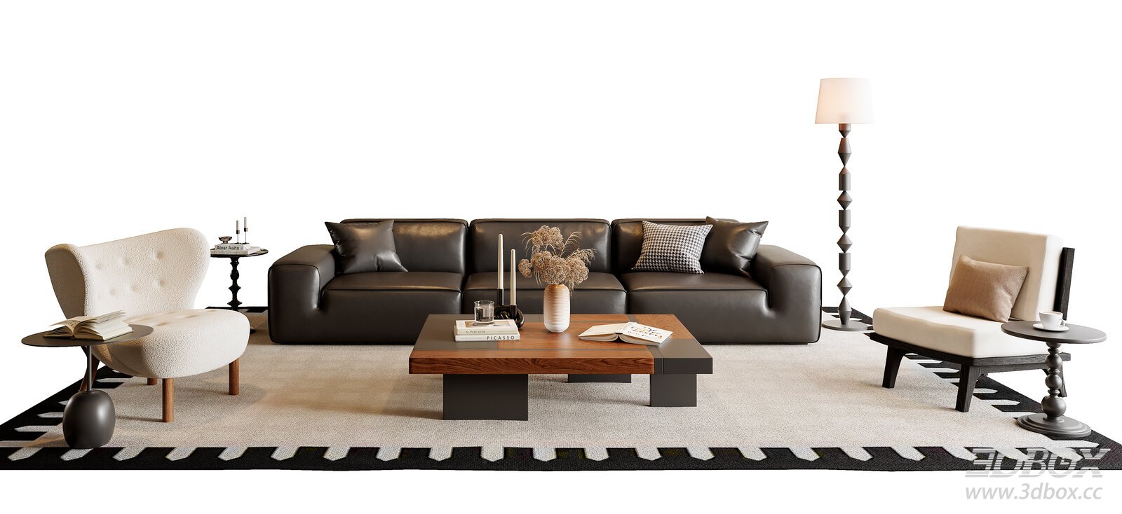 French Vintage Style Leather Sofa and Coffee Table Set 3D model - front view