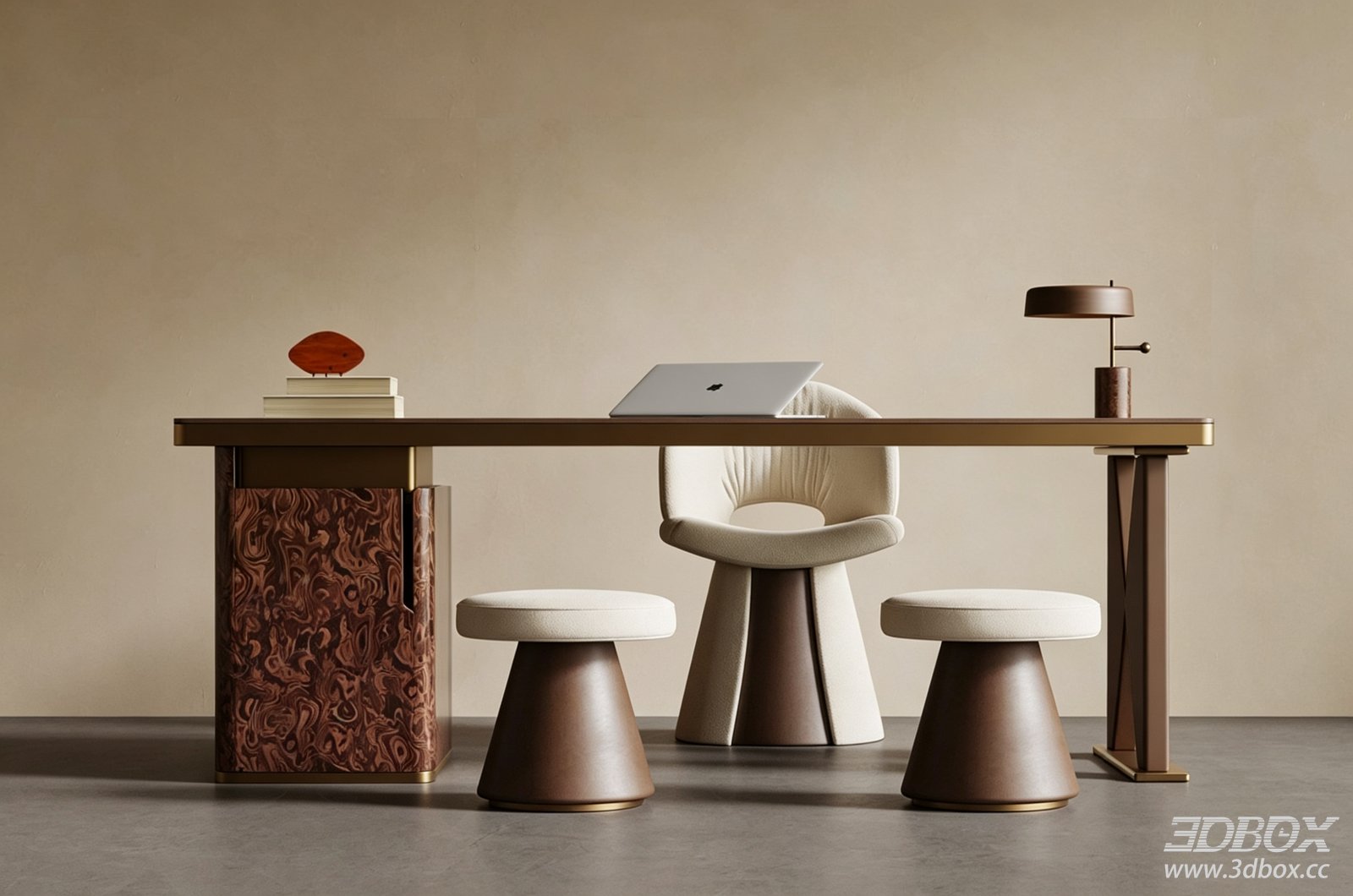 Mid-Century Vintage Desk and Upholstered Chair Set 3D model - front view
