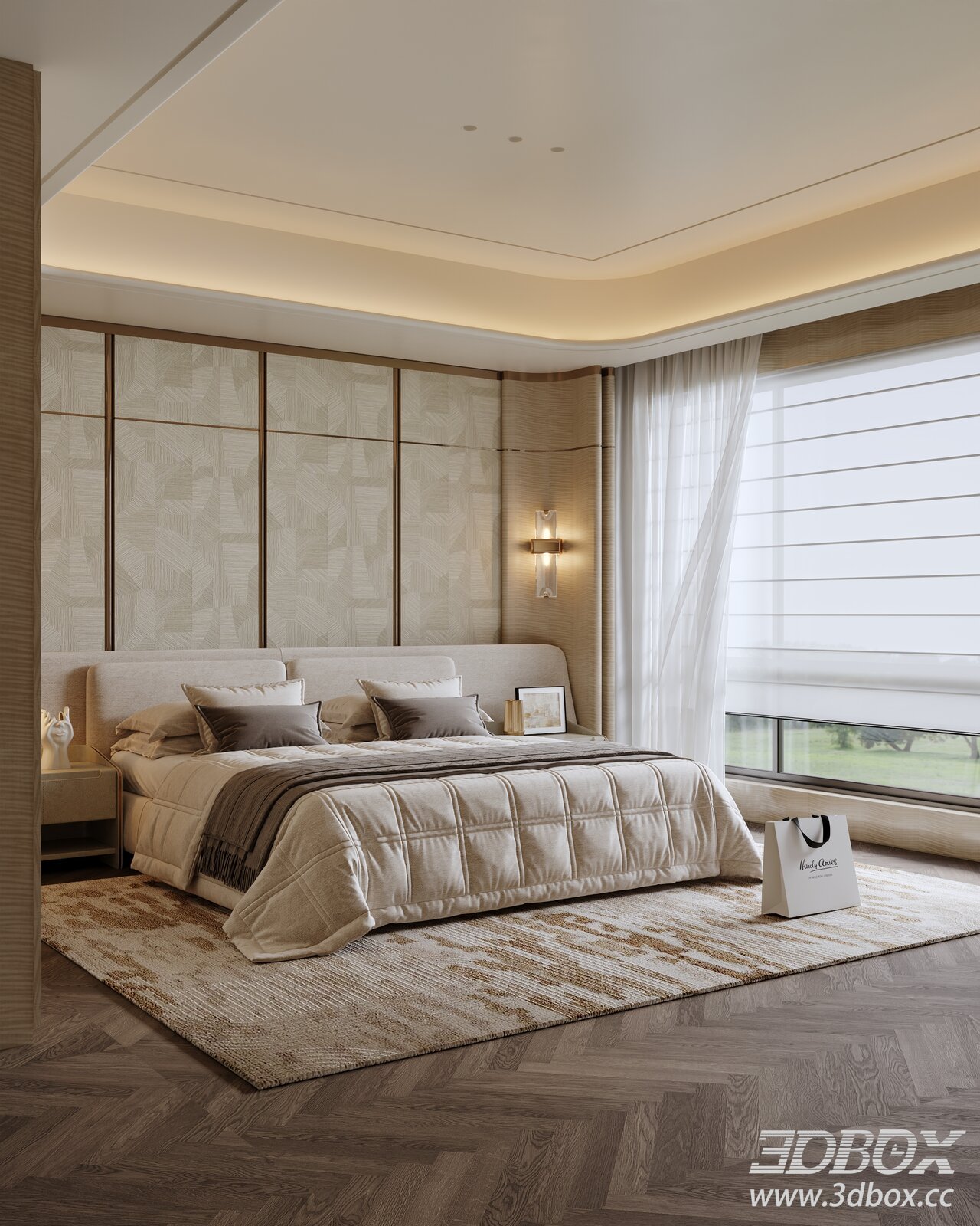 Luxury Modern Master Bedroom Interior Scene 3D model - thumbnail 1