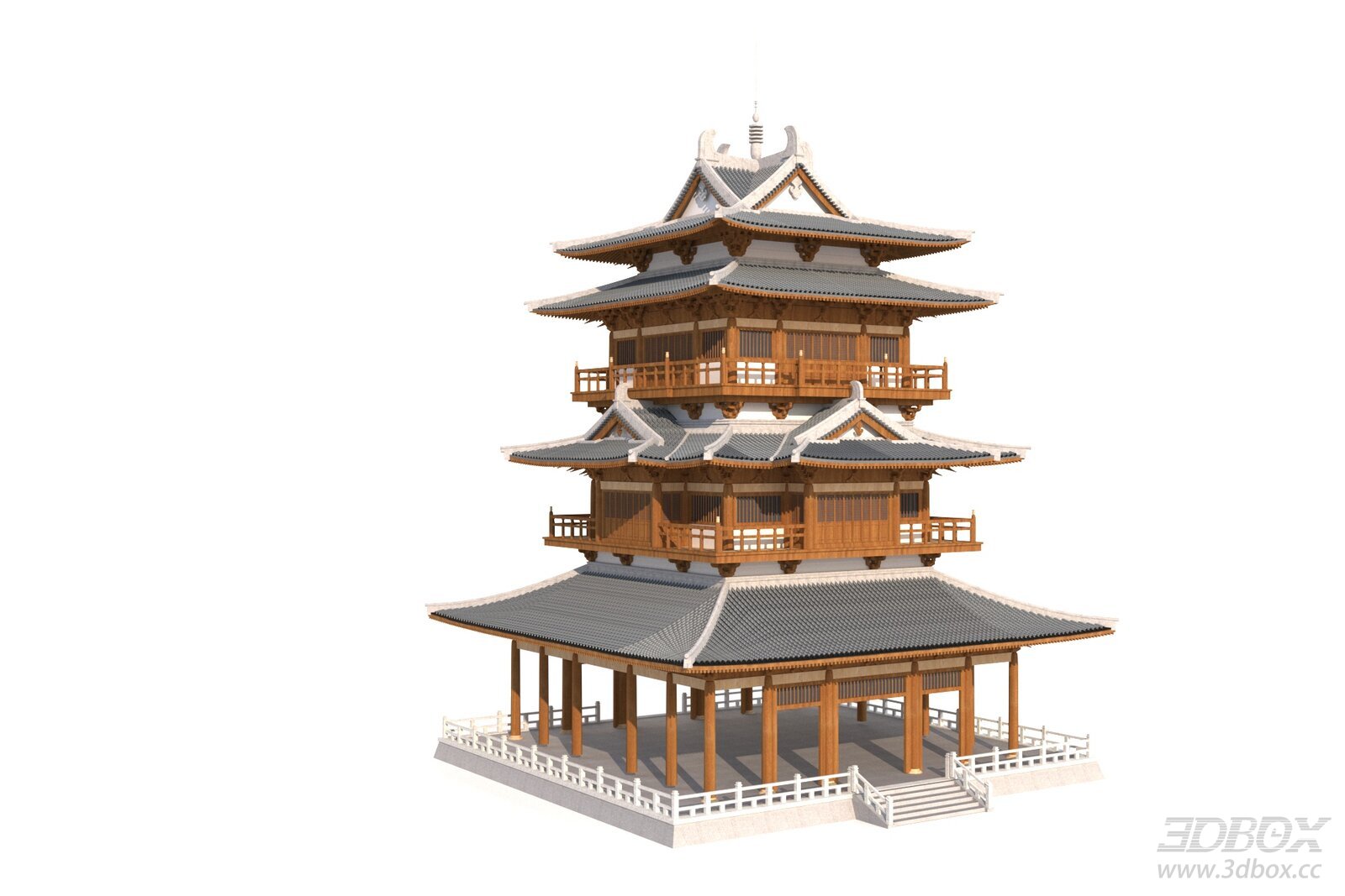 Traditional Chinese Ancient Wooden Pagoda Tower Building 3D model - front view