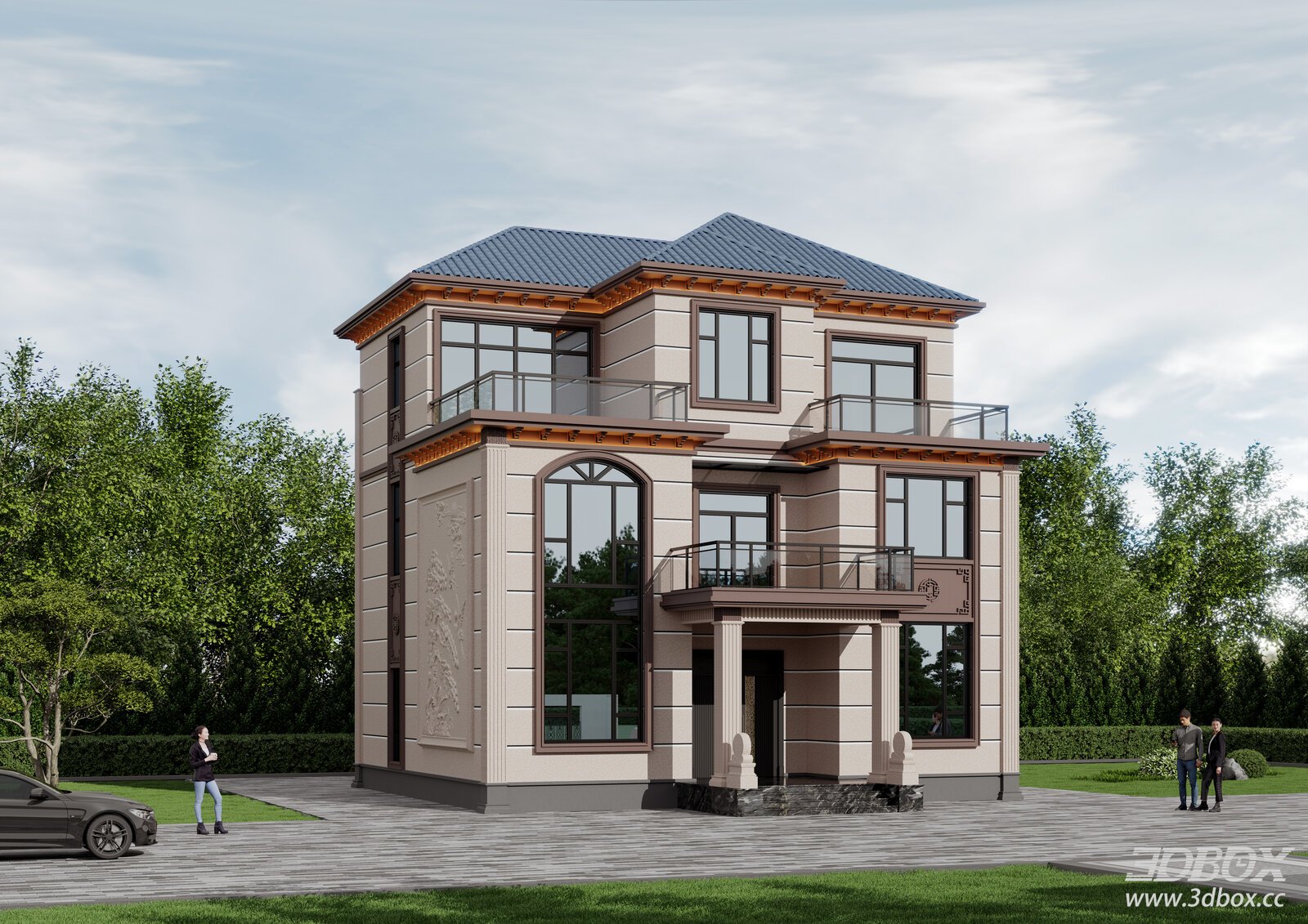 New Chinese Style Three-story Villa Exterior 3D model - front view