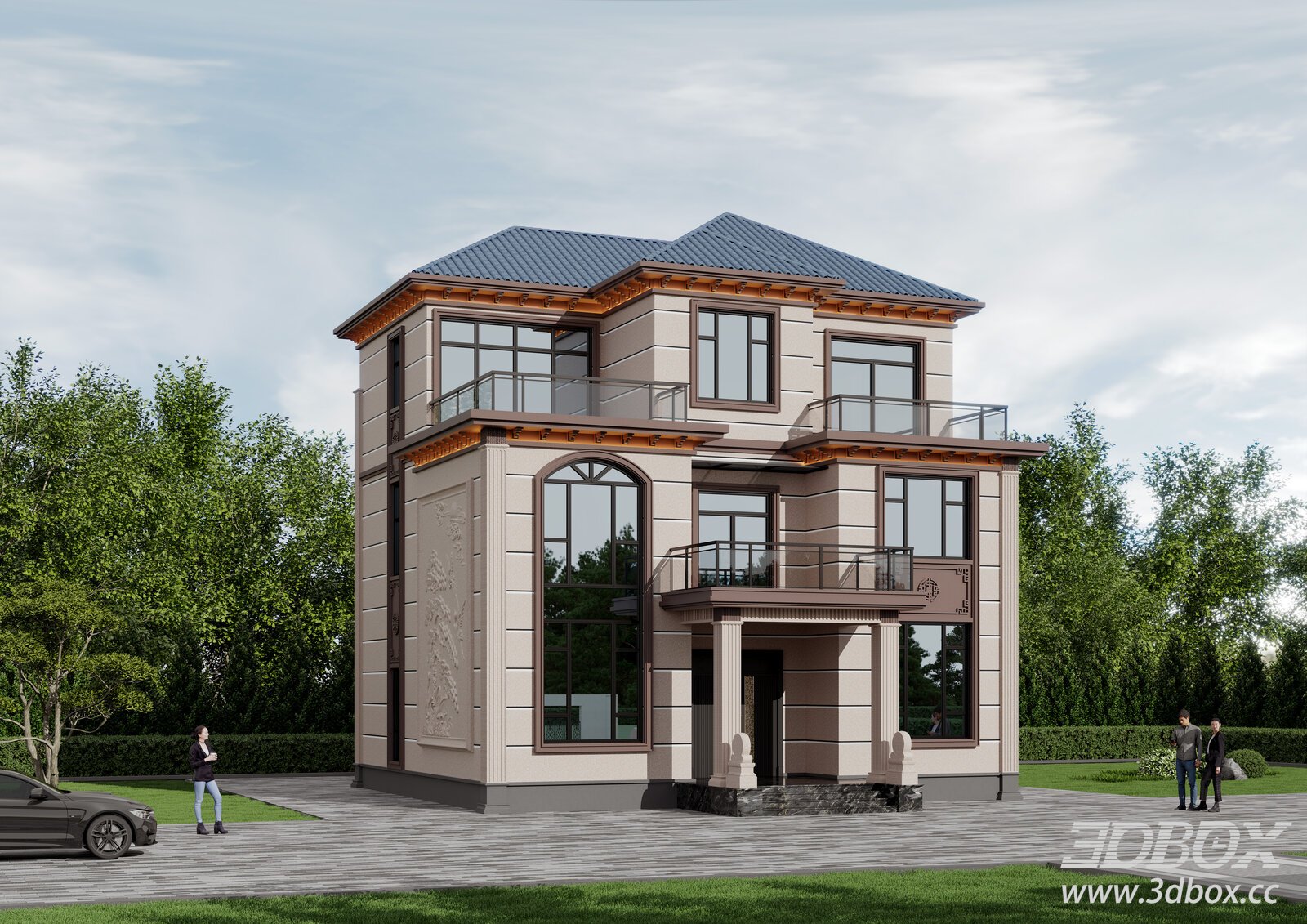 New Chinese Style Three-story Villa Exterior 3D model - thumbnail 1