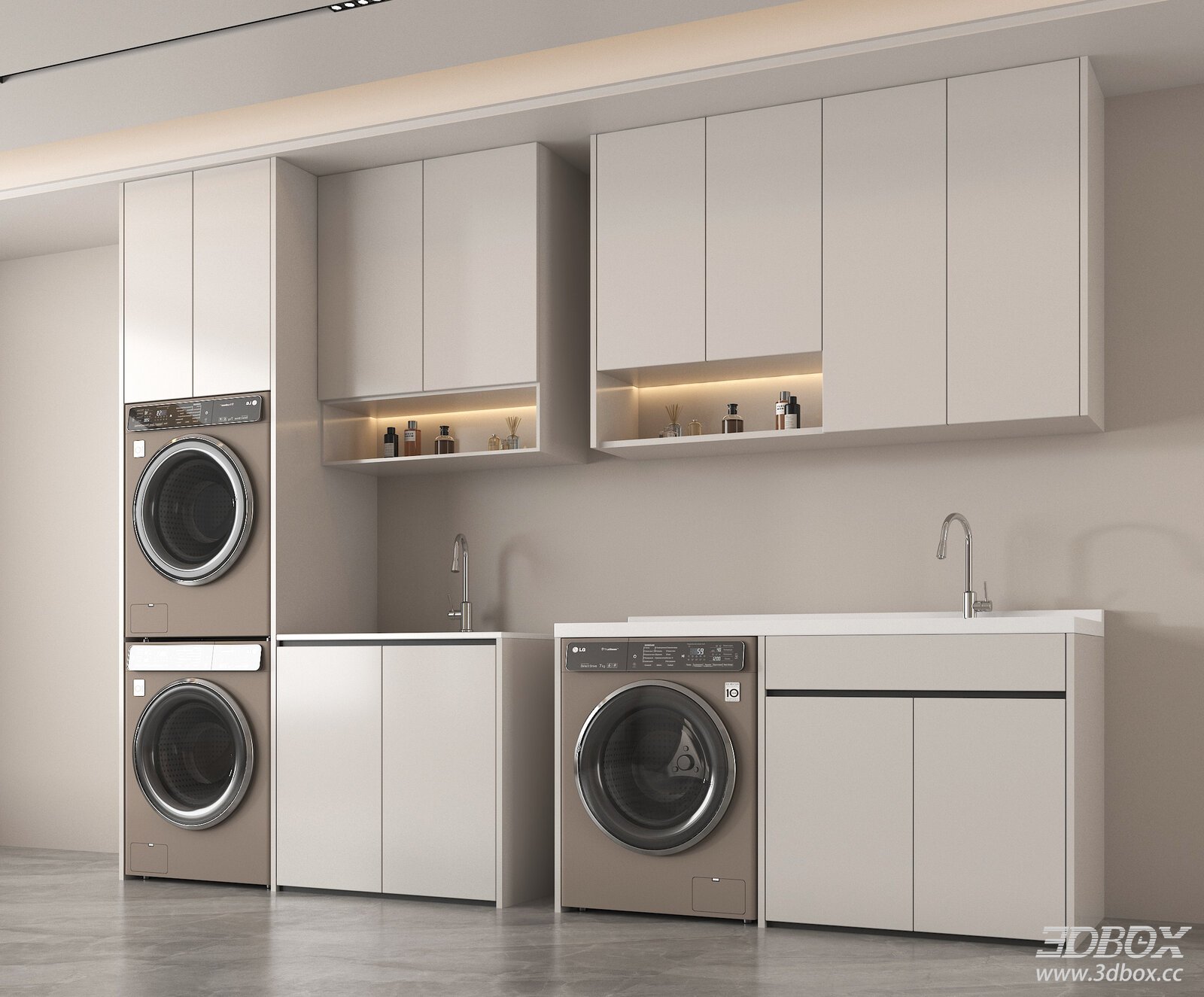 Modern Minimalist Laundry Cabinet Scene with Washing Machines 3D model - front view