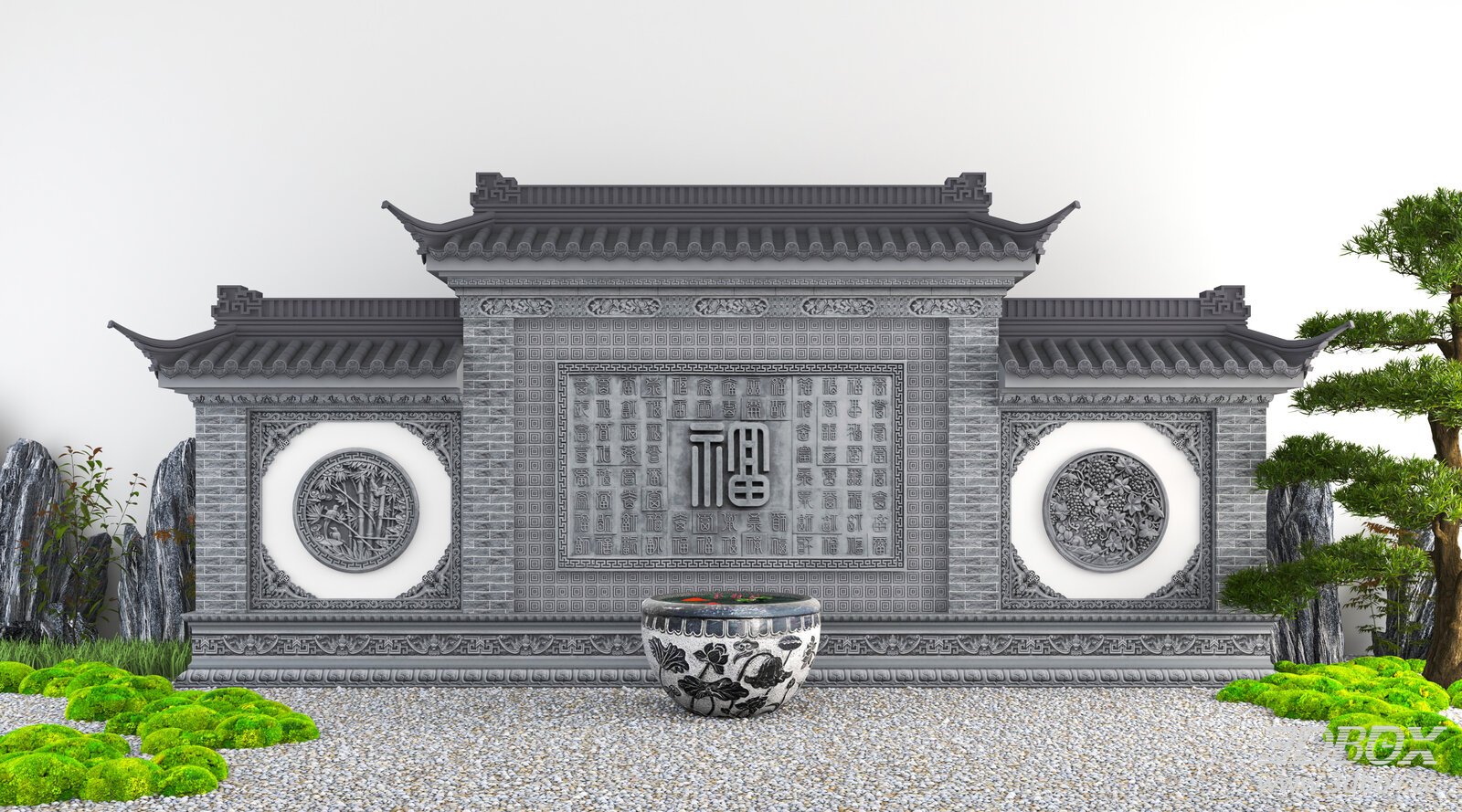 Traditional Chinese Style Screen Wall Shadow Wall 3D model - front view