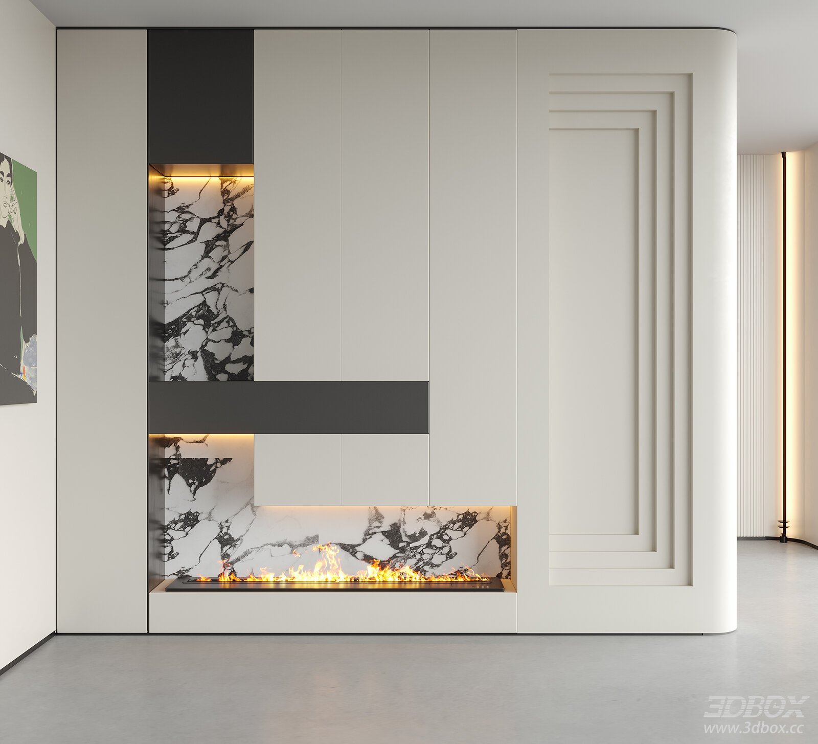 Modern Minimalist Entry Hallway with Electric Fireplace 3D model - front view