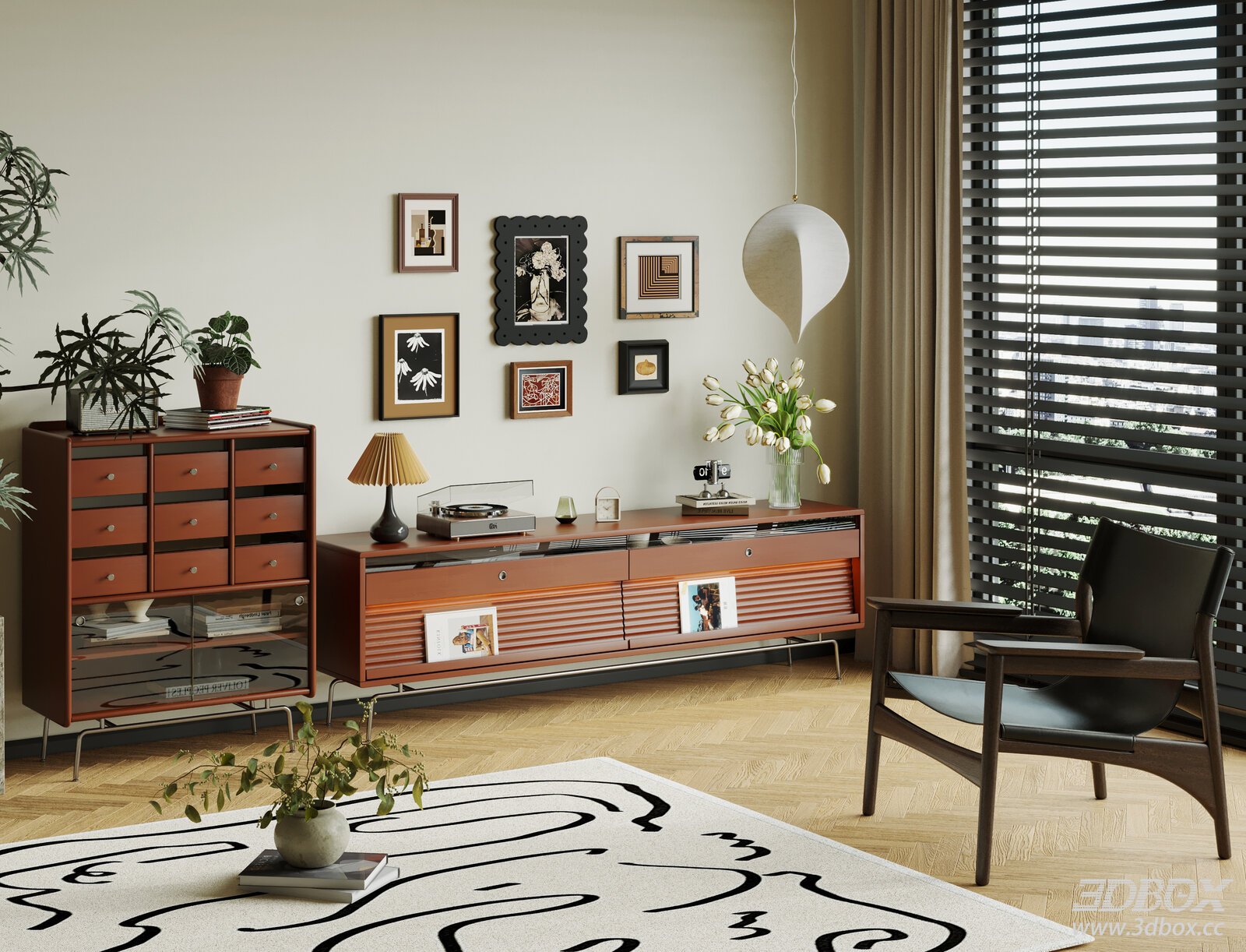 Mid Century Modern TV Cabinet and Sideboard Set 3D model - front view