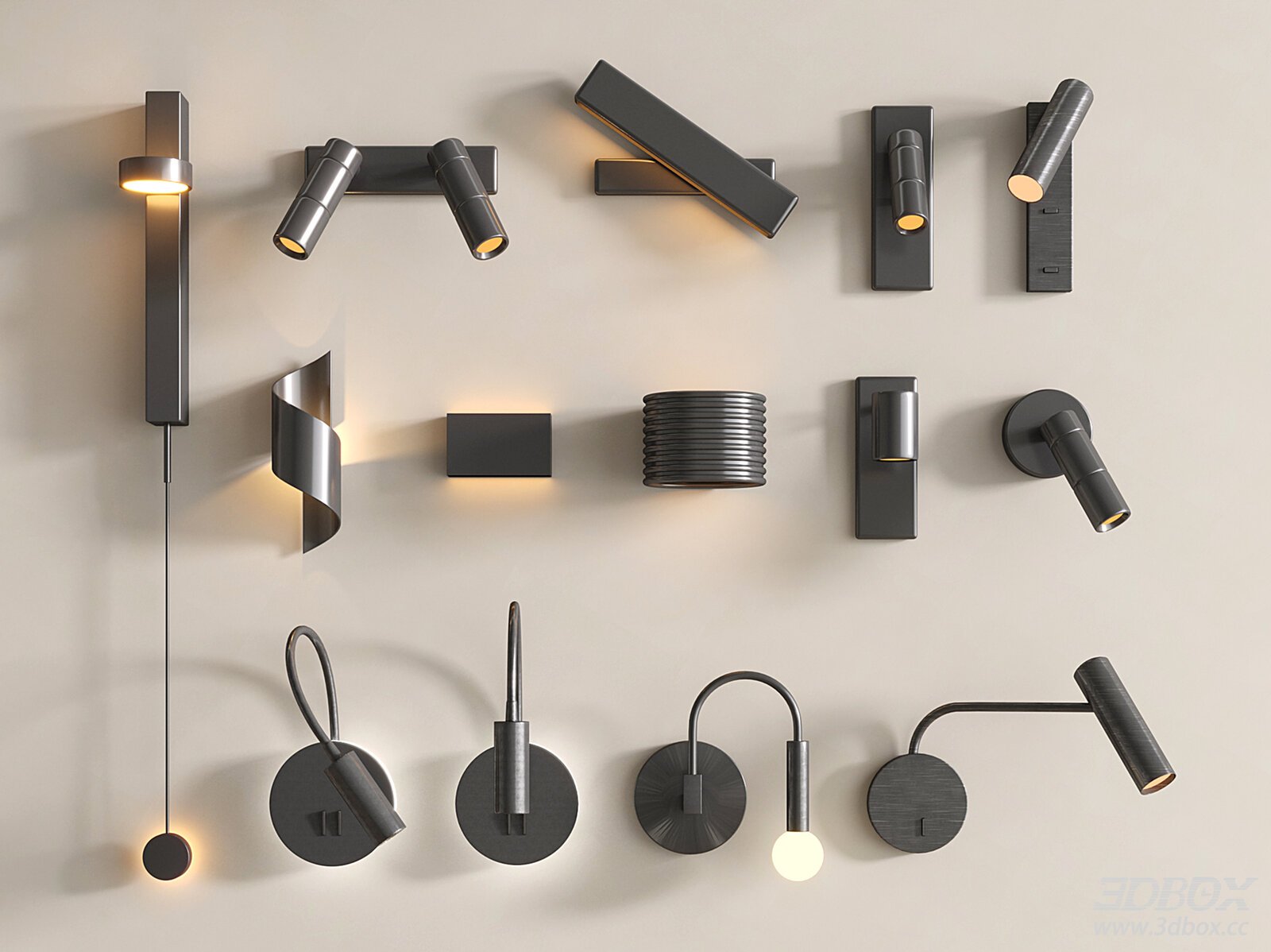 Modern Rotatable Metal Wall Lamp Reading Light Set 3D model - front view