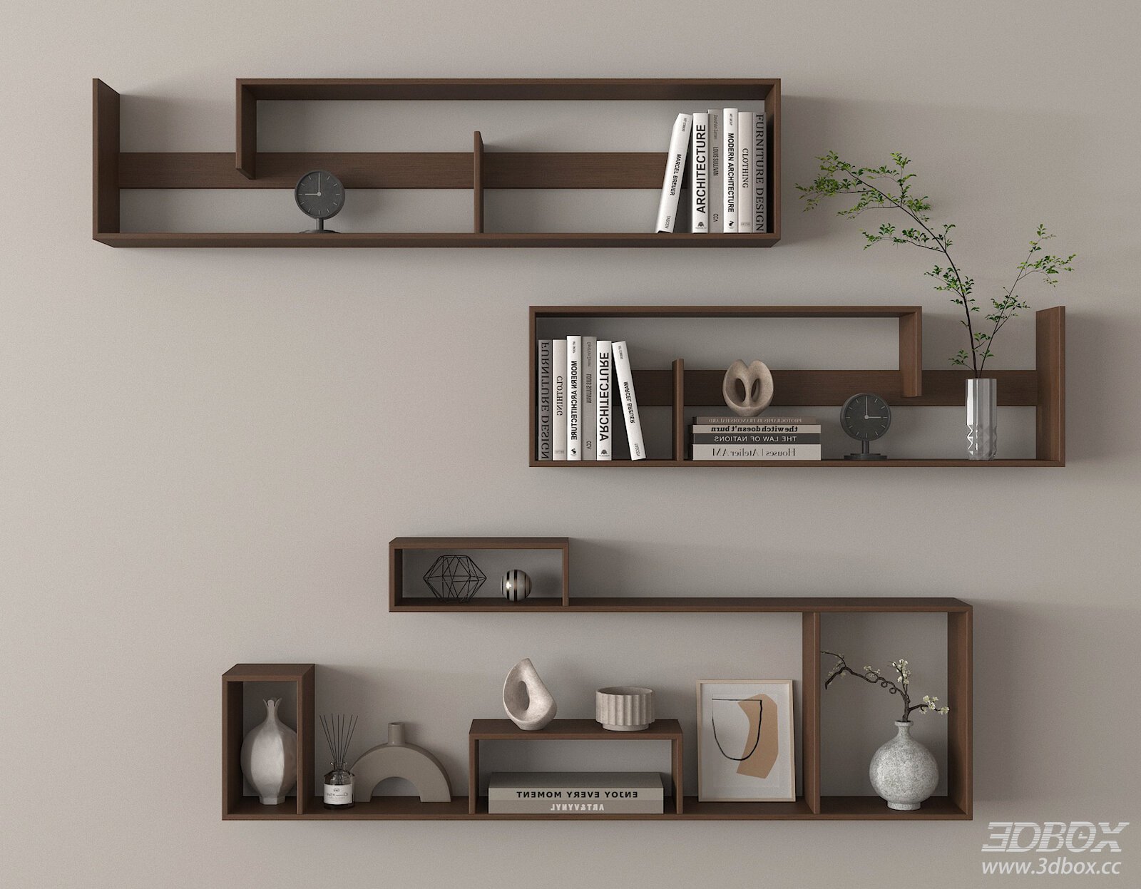 Modern Wall Mounted Wooden Bookshelf Display Rack 3D model - front view