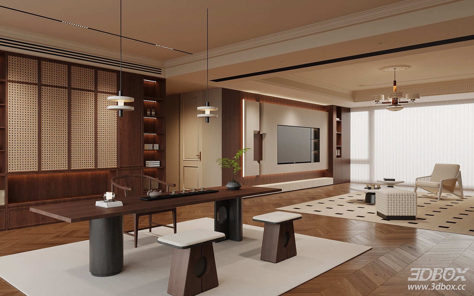 Mid Century Modern Living Room Tea Room Interior Scene 3D model - front view