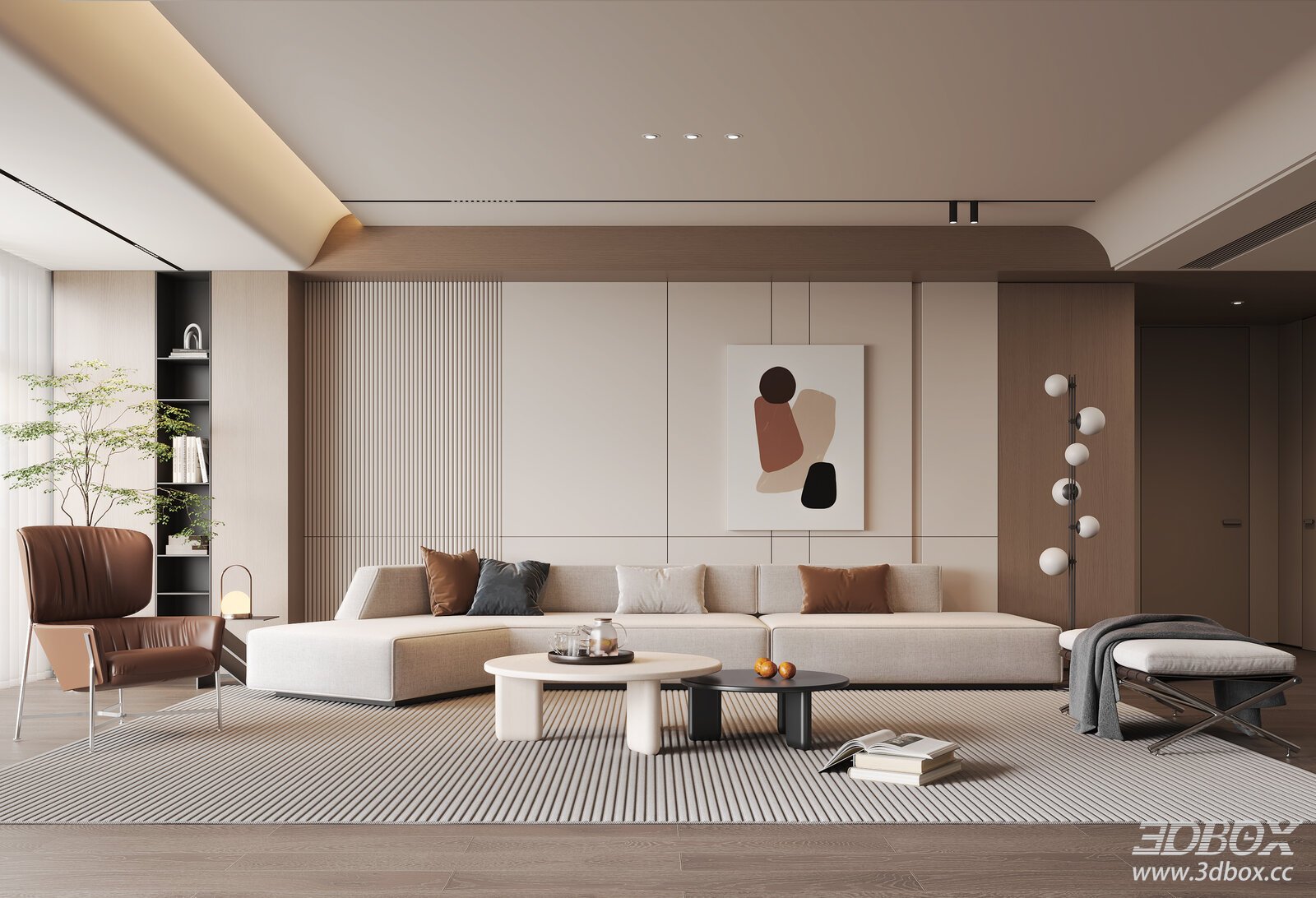 Modern Minimalist Gray Tone Living Room with No Main Lamp 3D model - front view