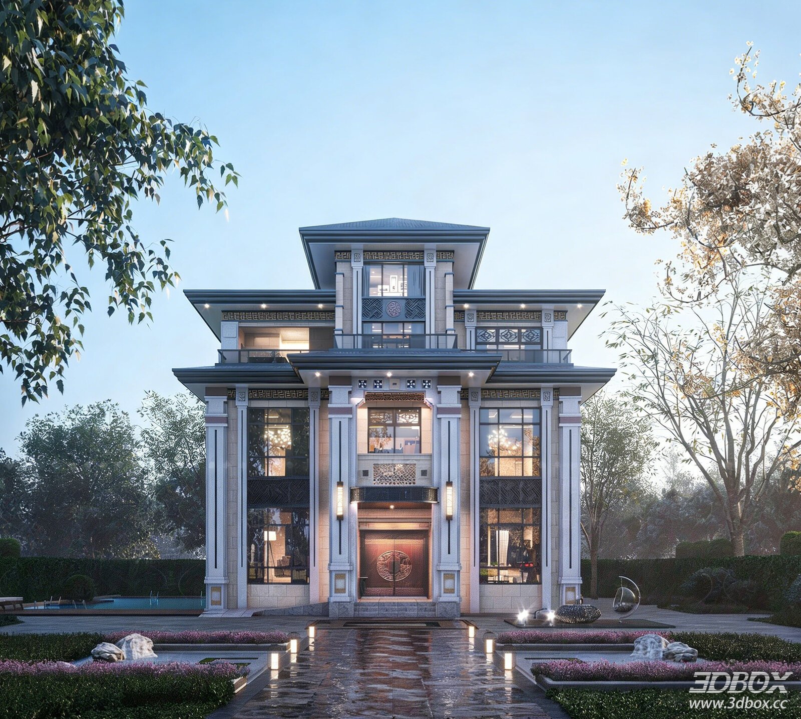 New Chinese Style Detached Villa Exterior Scene 3D model - front view