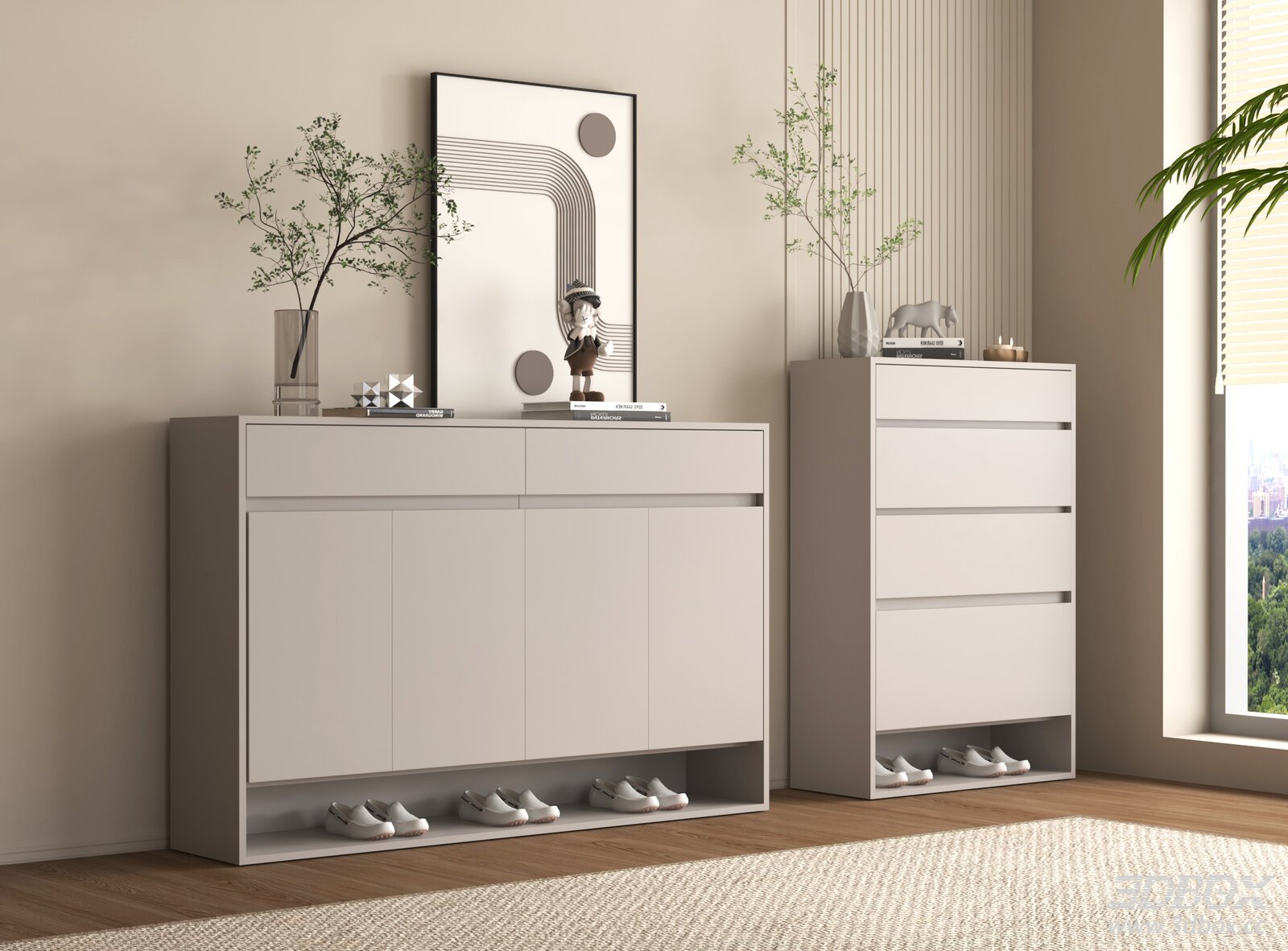 Modern Minimalist Hallway Shoe Cabinet Sideboard Set 3D model - front view