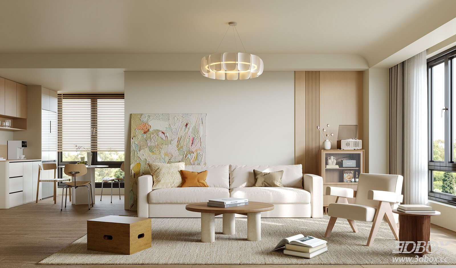 Wabi Sabi Style Living and Dining Room Interior Scene 3D model - front view
