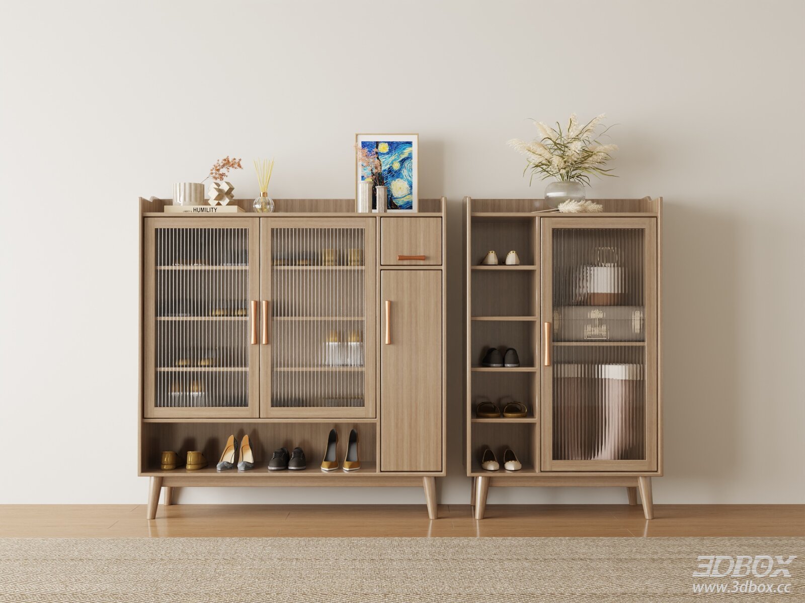 Nordic Style Wooden Entryway Shoe Cabinet Set 3D model - front view