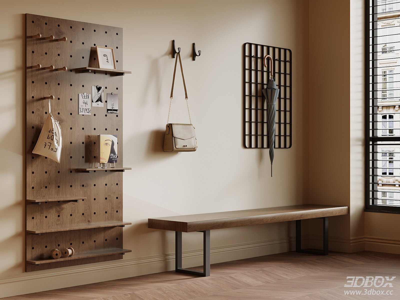 Mid Century Modern Hallway Entry Set with Pegboard and Shoe Bench 3D model - front view