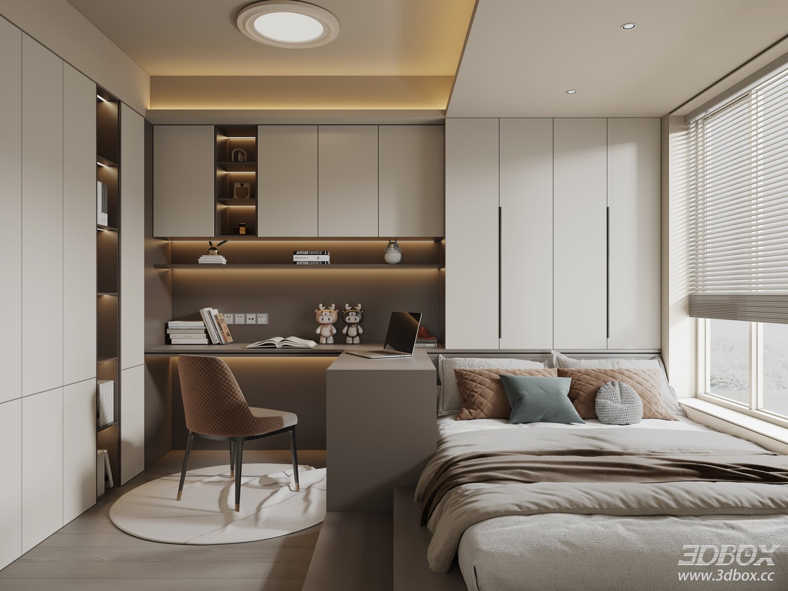 Modern Italian Style Tatami Bedroom with Study Area 3D model - front view