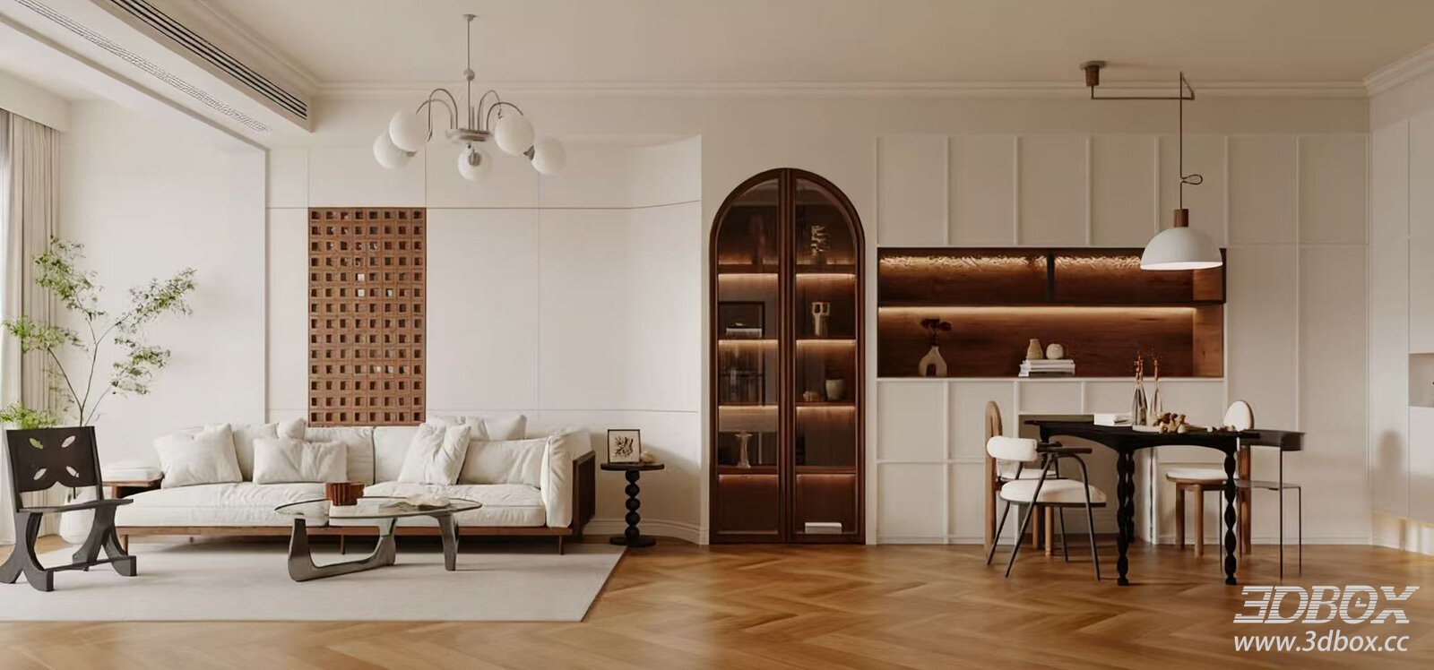 Vintage Mid Century Living and Dining Room Interior 3D model - front view