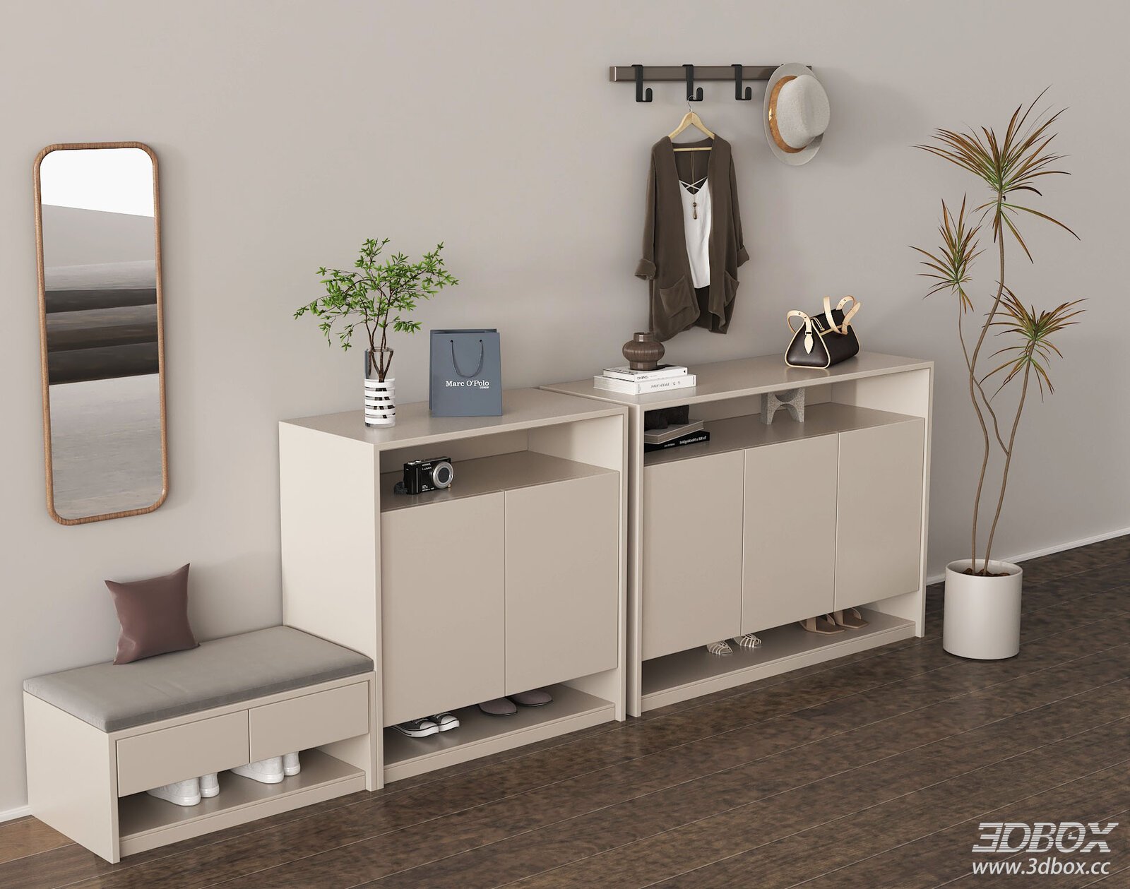 Modern Hallway Shoe Cabinet Set with Entry Bench 3D model - front view