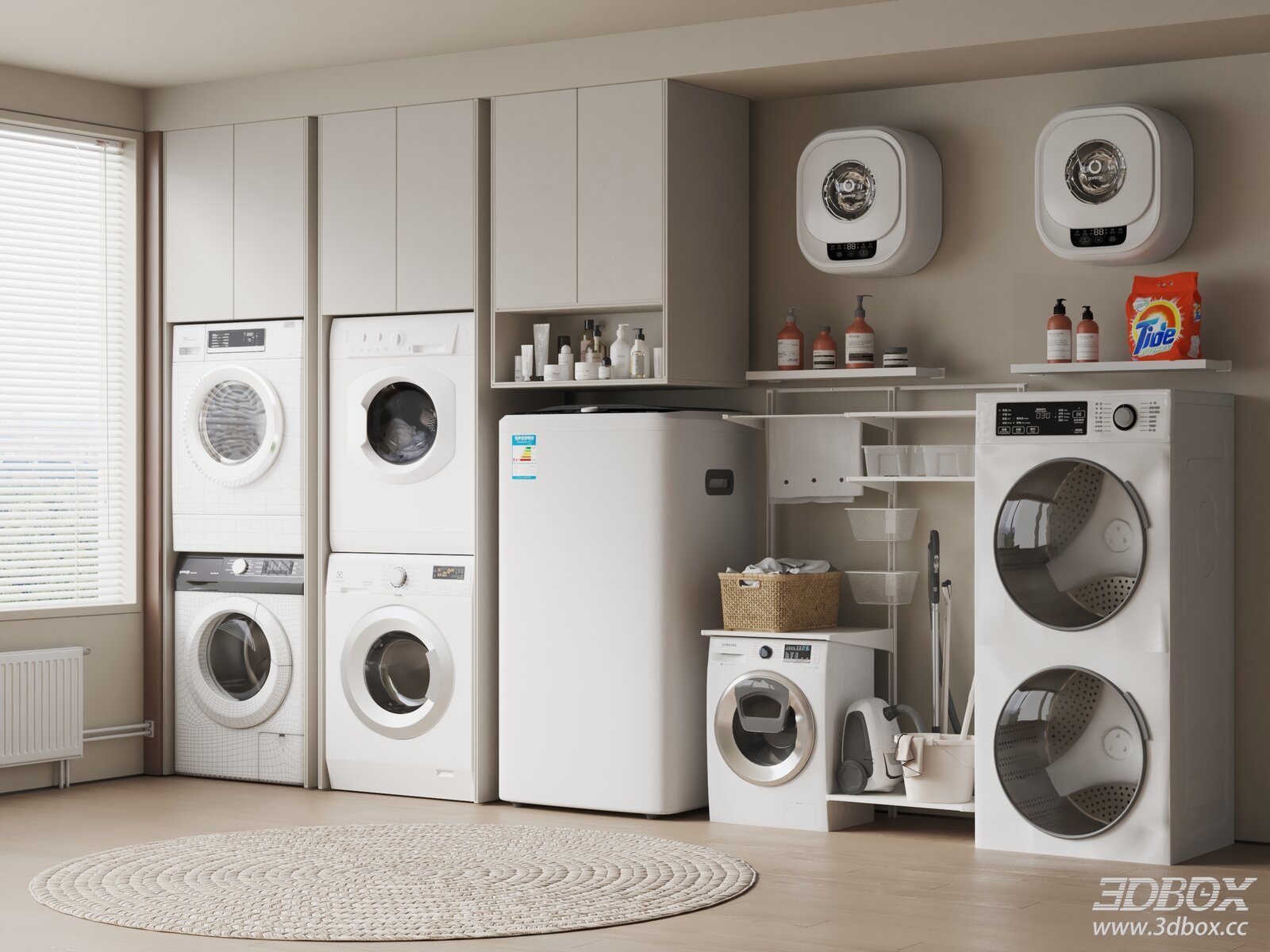 Modern Minimalist Laundry Room with Washing Machines and Storage 3D model - front view