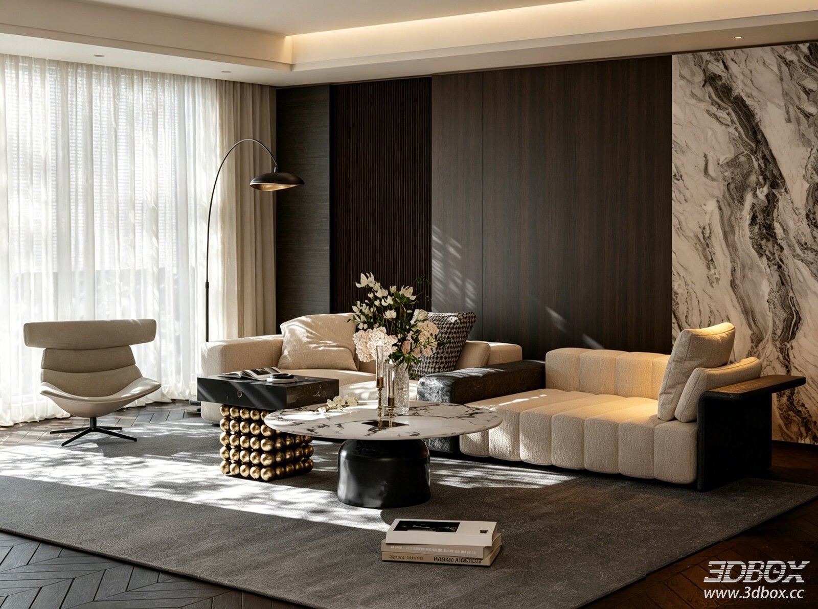 Luxury Modern Living Room Sofa Coffee Table Set Interior 3D model - front view