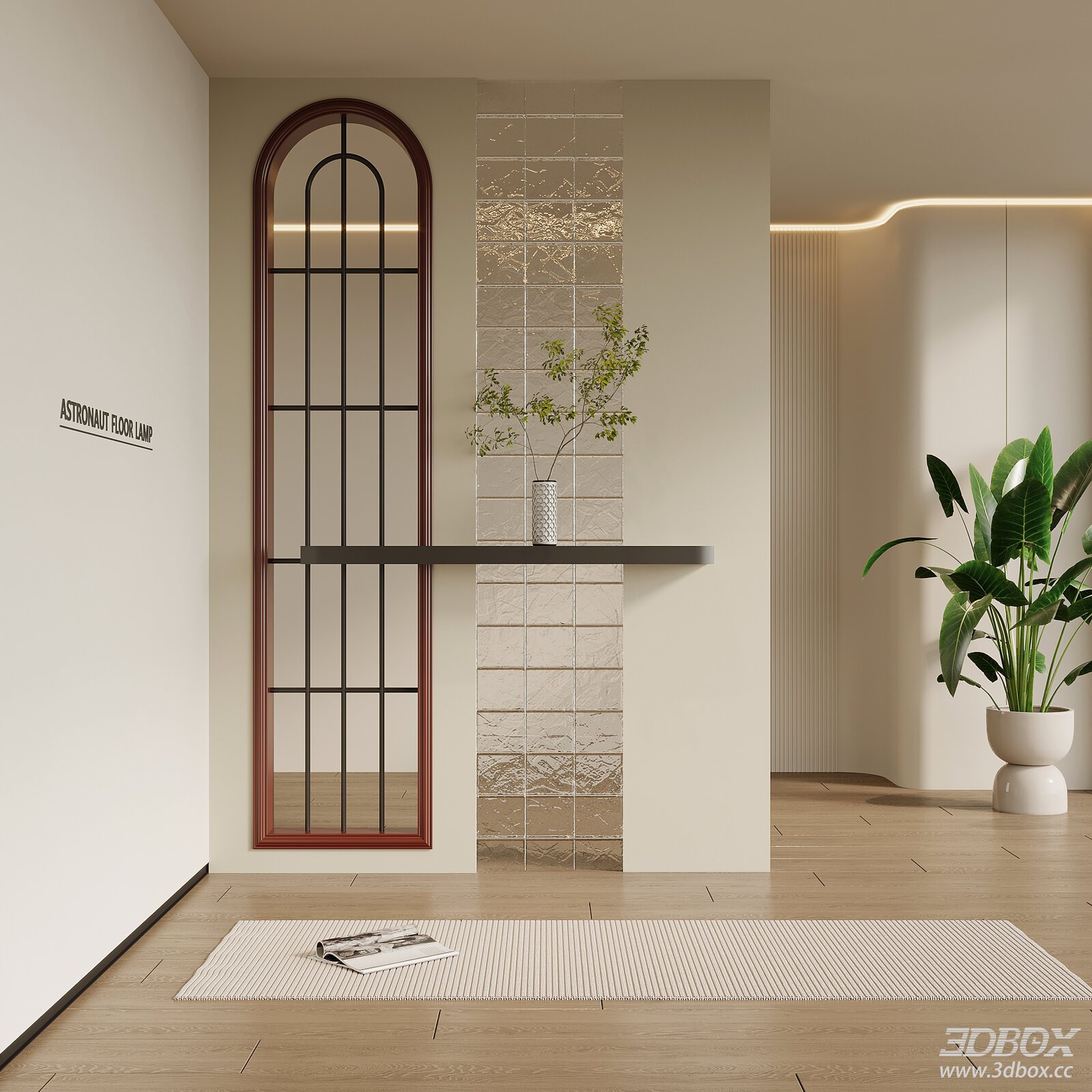 French Cream Style Hallway with Arched Mirror and Glass Brick Wall 3D model - front view