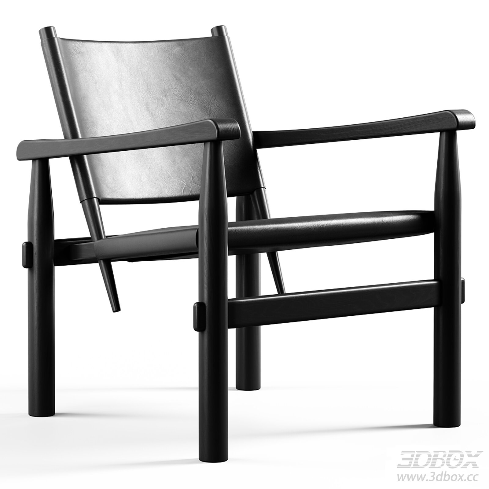 Modern Black Leather Wooden Frame Armchair 3D model - thumbnail 1