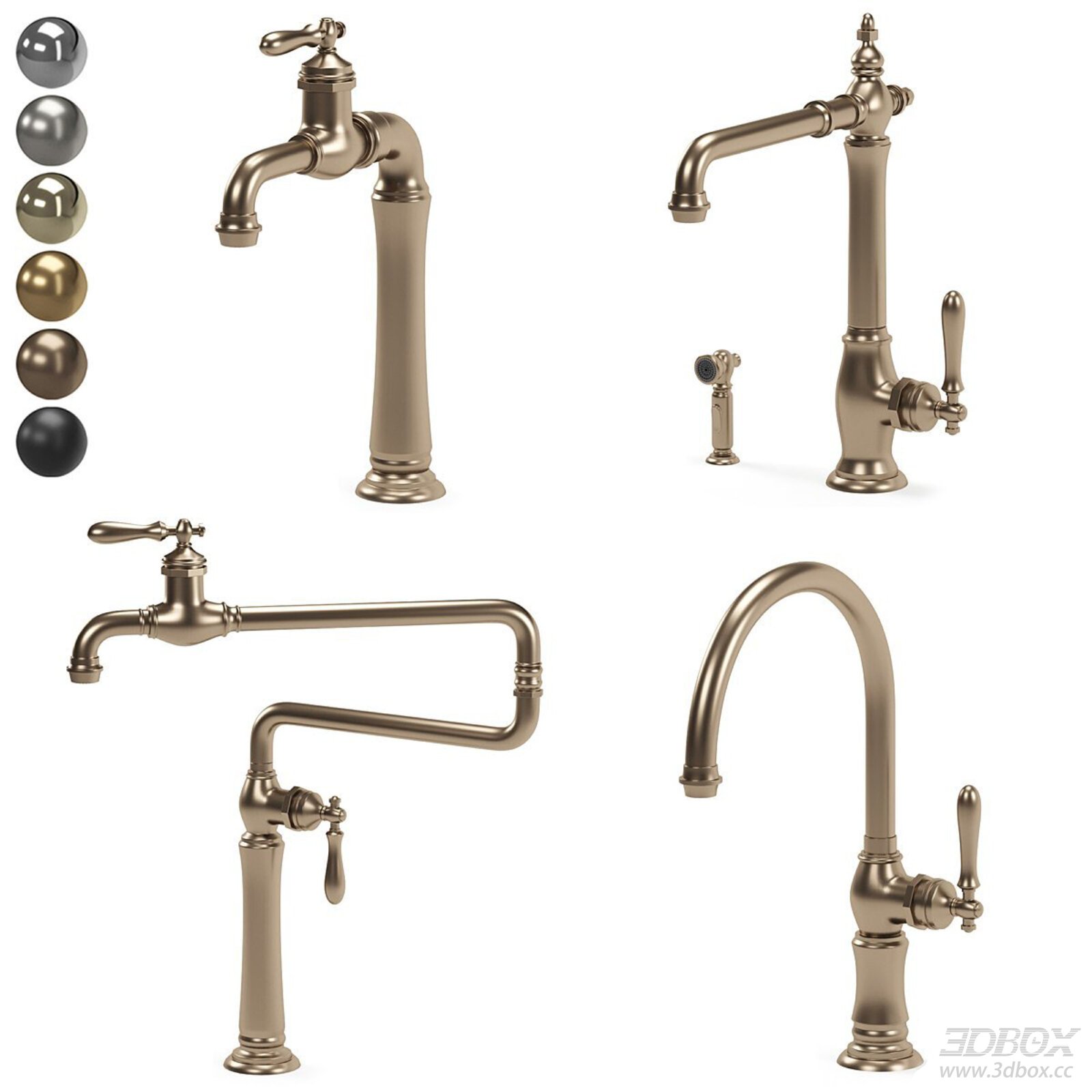 Vintage Brass Kitchen Faucet Set with Multiple Finishes 3D model - front view