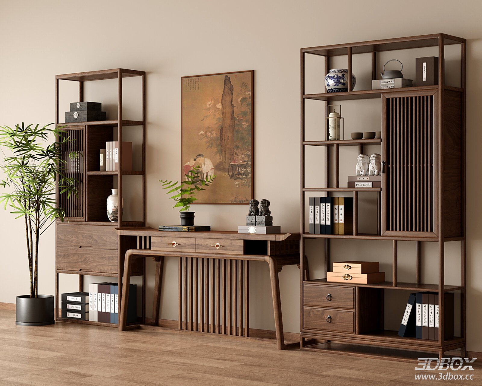 New Chinese Style Walnut Wood Display Shelf Console Table Set 3D model - front view