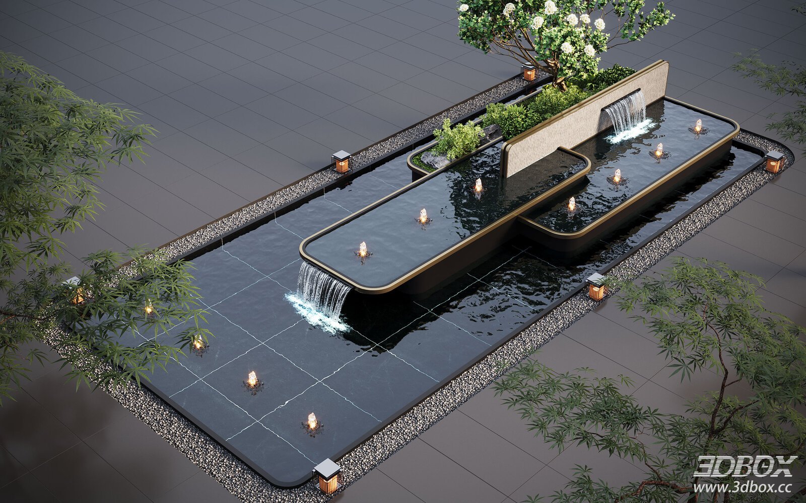 Modern Courtyard Cascading Water Feature Landscape Fountain 3D model - front view
