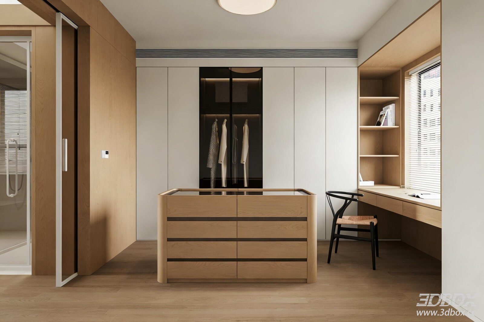 Modern Minimalist Dressing Room with Wardrobe and Island Cabinet 3D model - front view