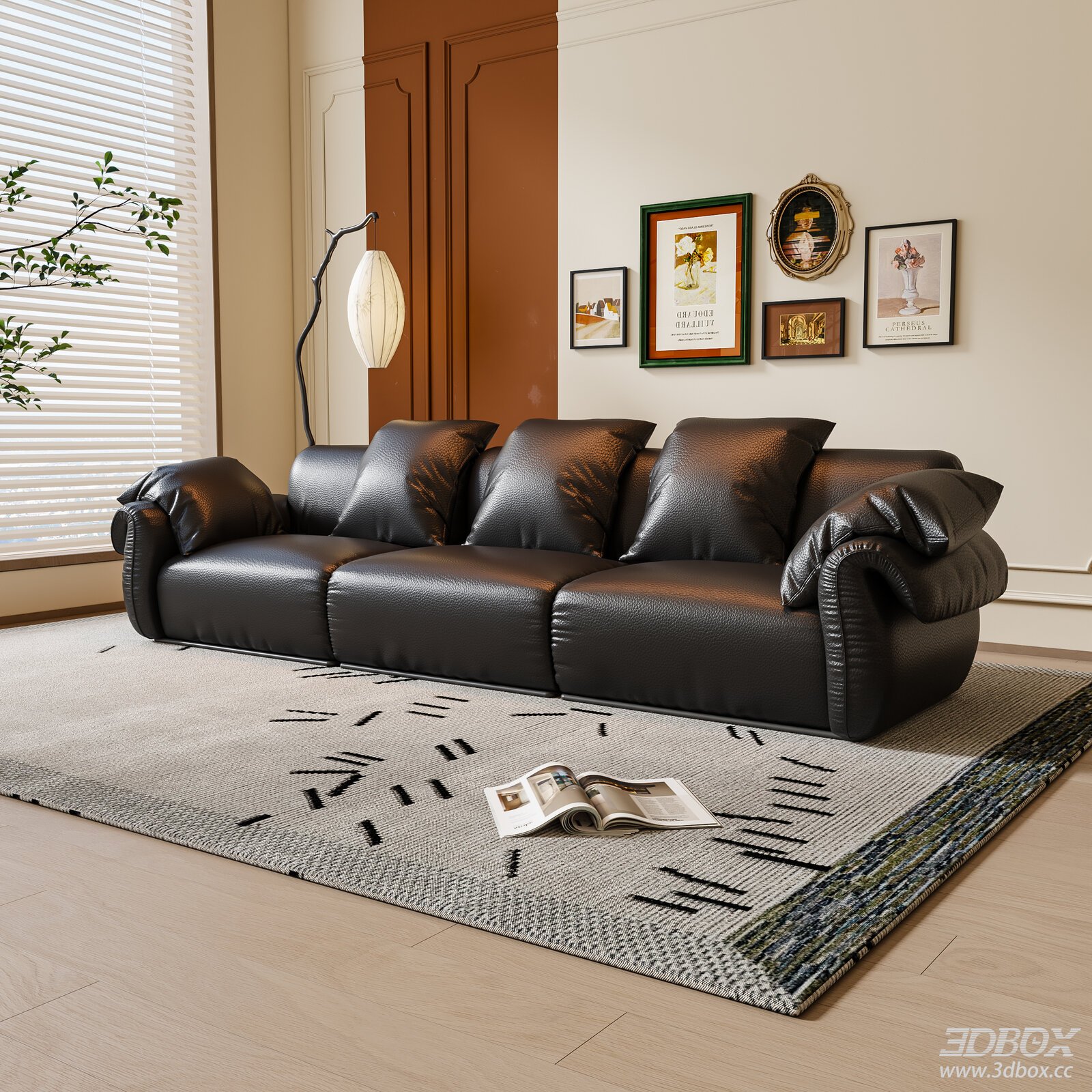 French Style 3-seater Black Leather Sofa 3D model - front view