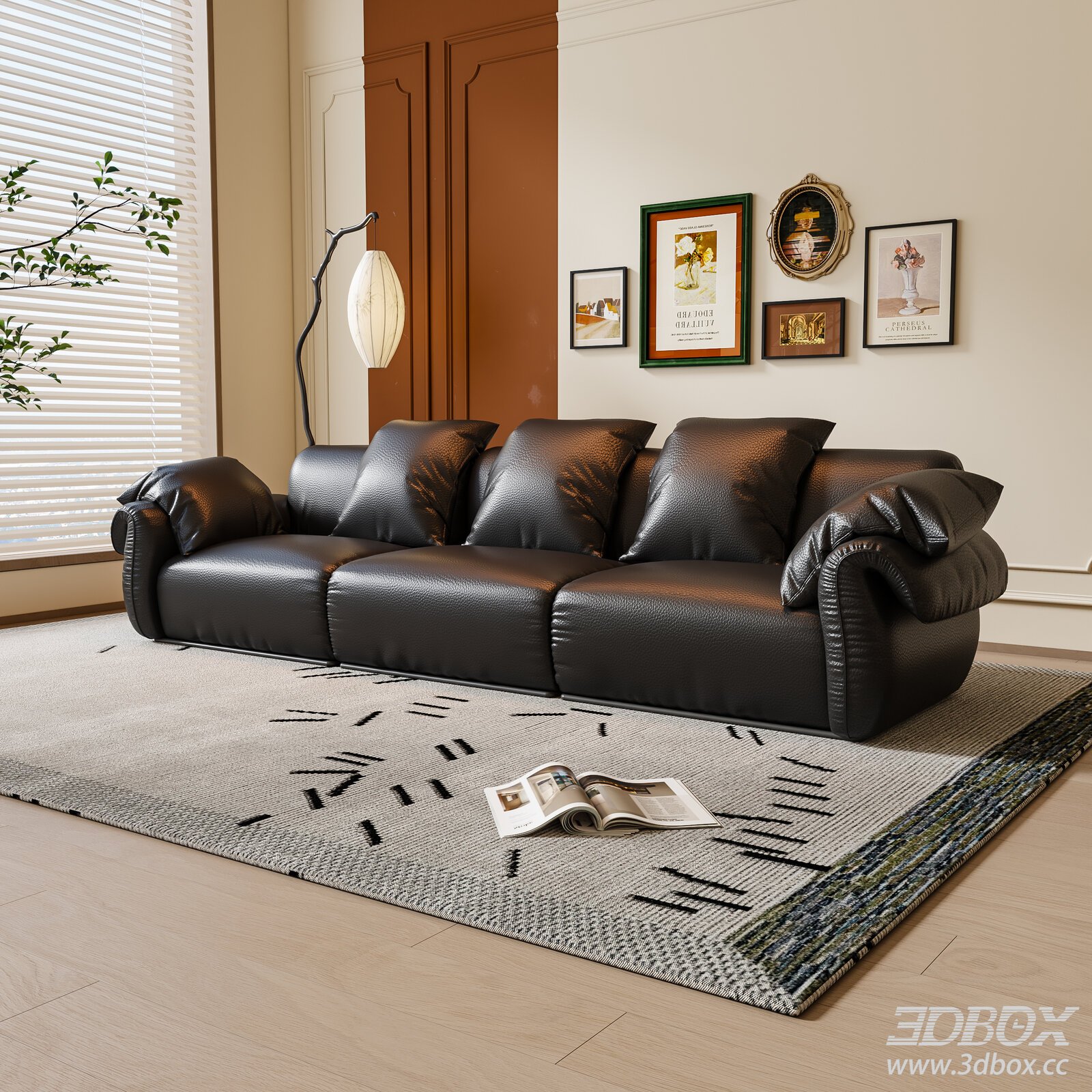French Style 3-seater Black Leather Sofa 3D model - thumbnail 1