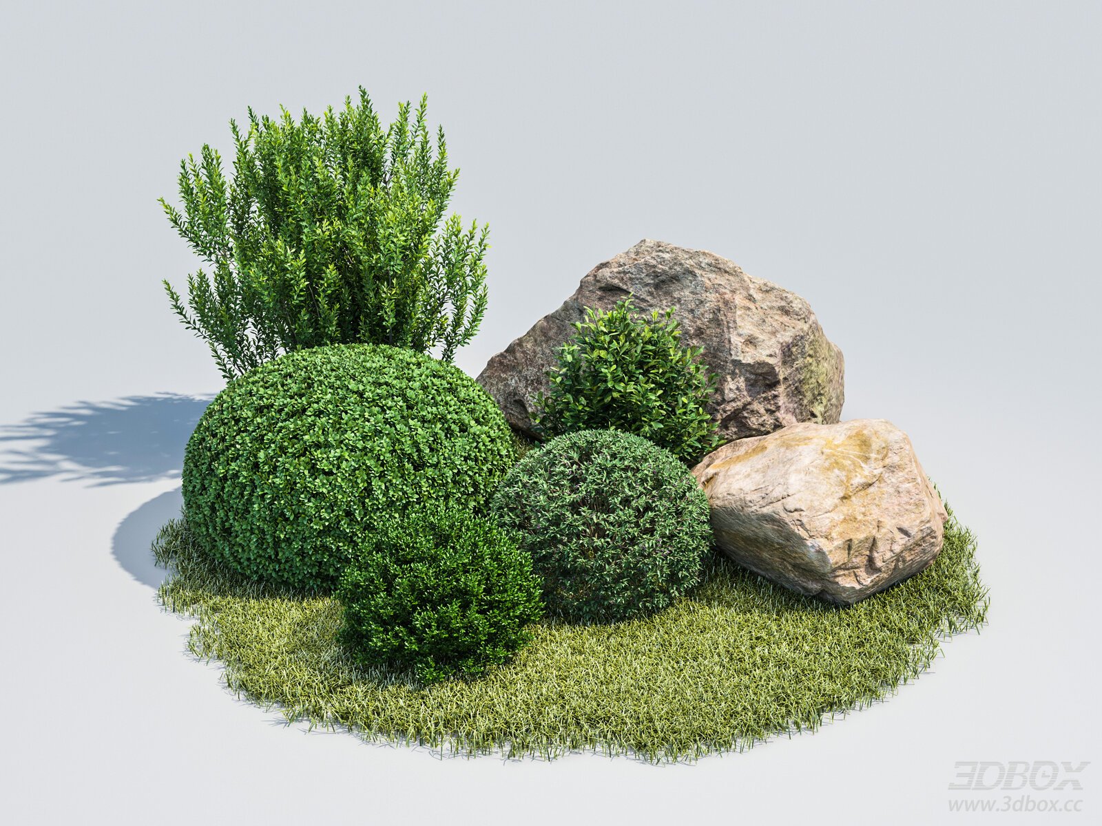 Garden Landscape Set Topiary Bushes Rocks Grass 3D model - front view
