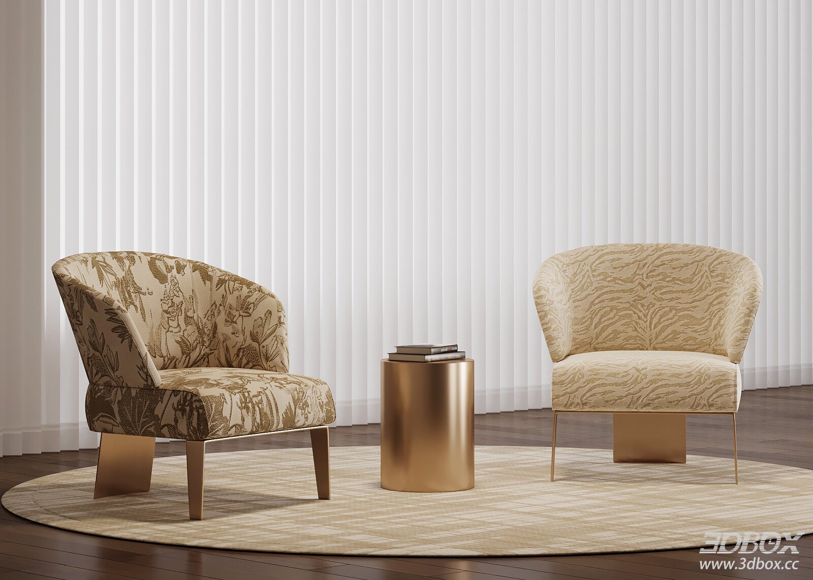 Modern Luxury Fabric Armchair Set with Brass Side Table 3D model - front view