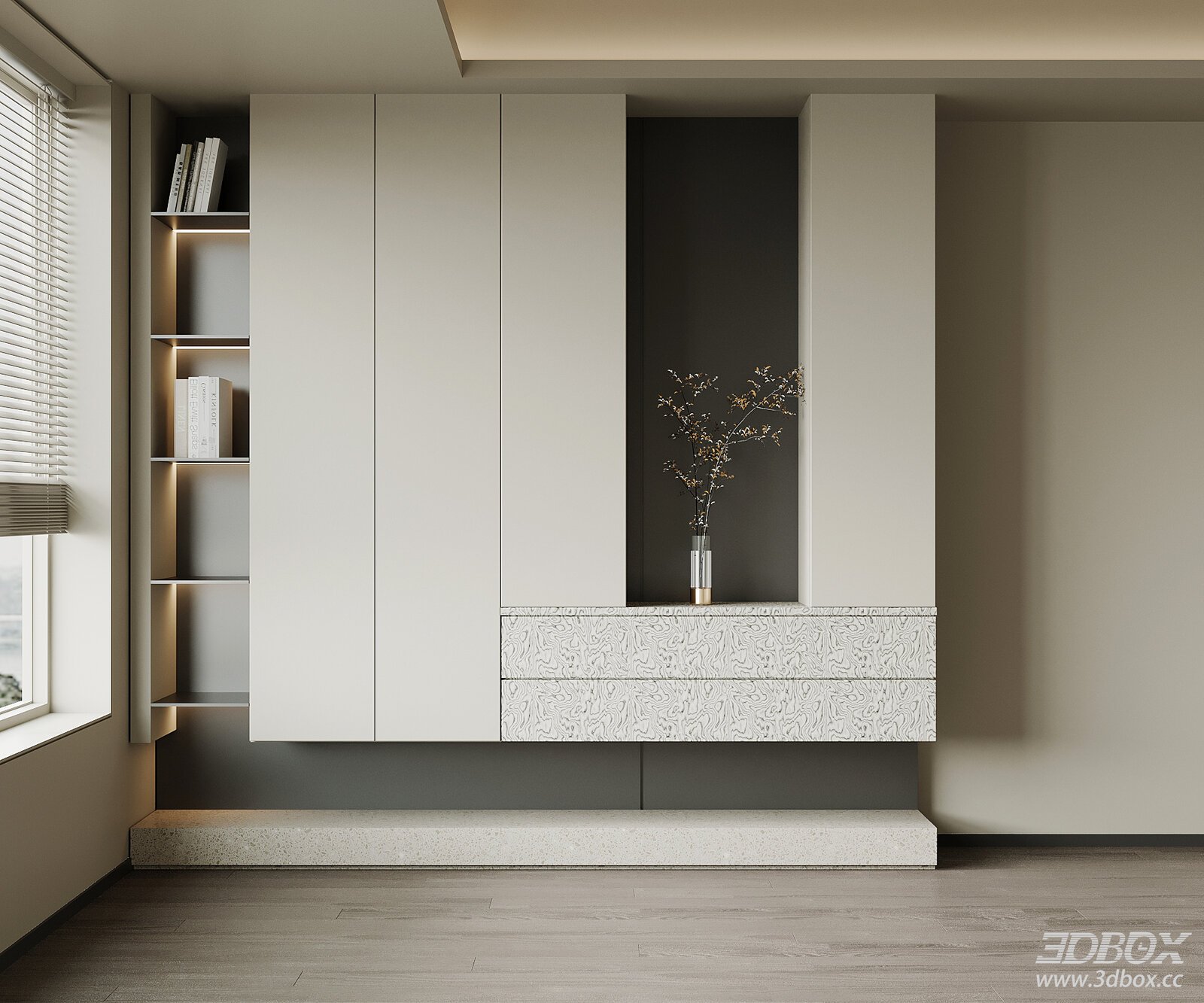 Modern Minimalist Hallway Entry Shoe Cabinet with Built-in Shelves 3D model - front view