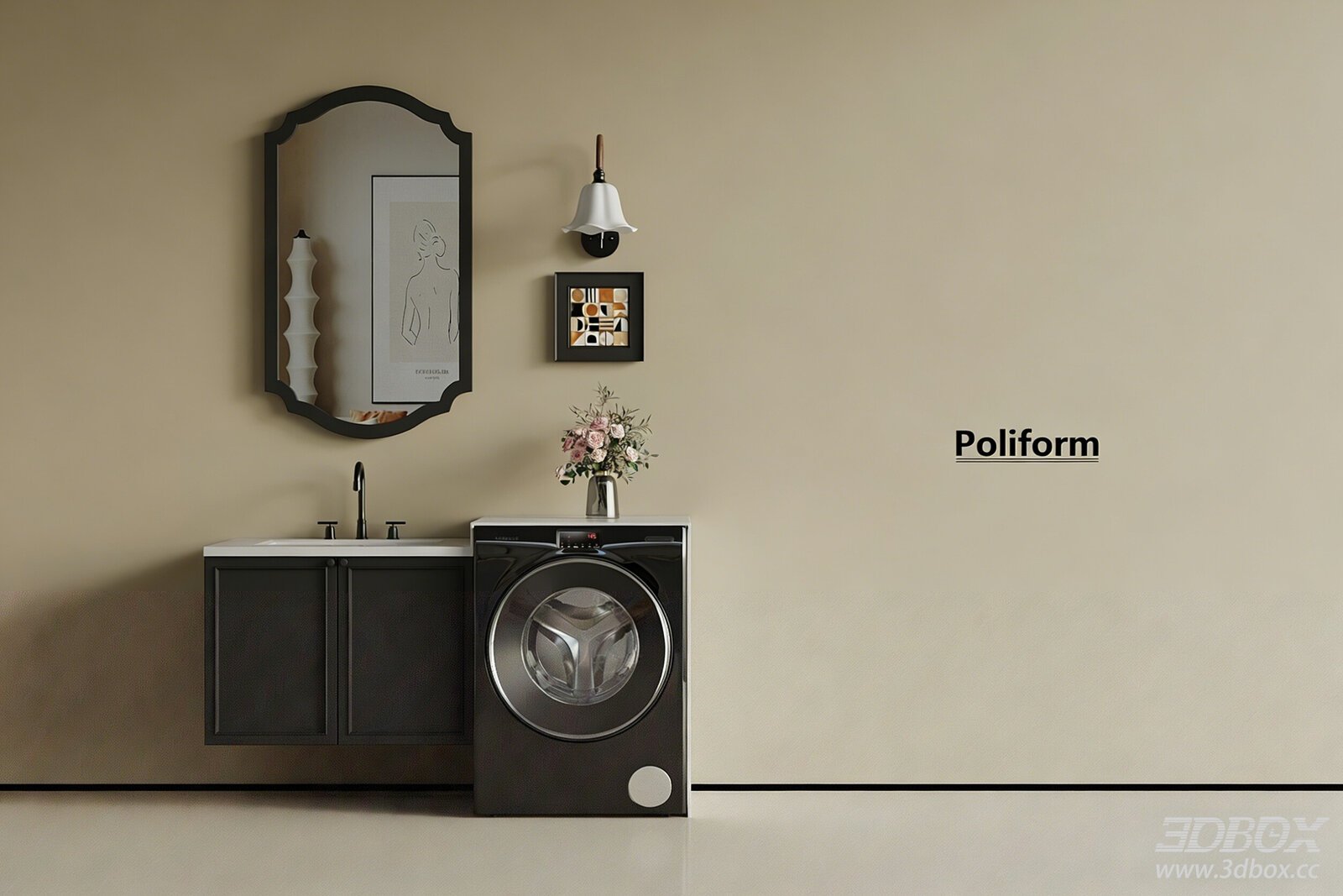 French Style Bathroom Vanity with Washing Machine Set 3D model - front view