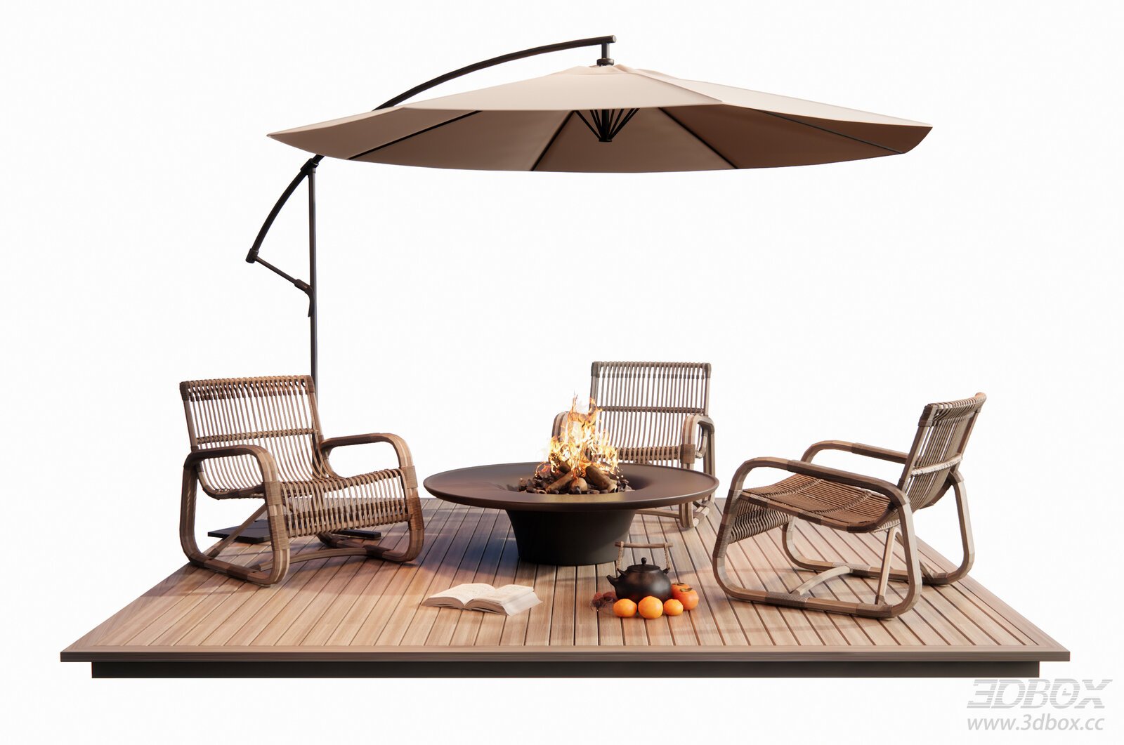 Modern Outdoor Rattan Lounge Set with Fire Pit and Patio Umbrella 3D model - front view