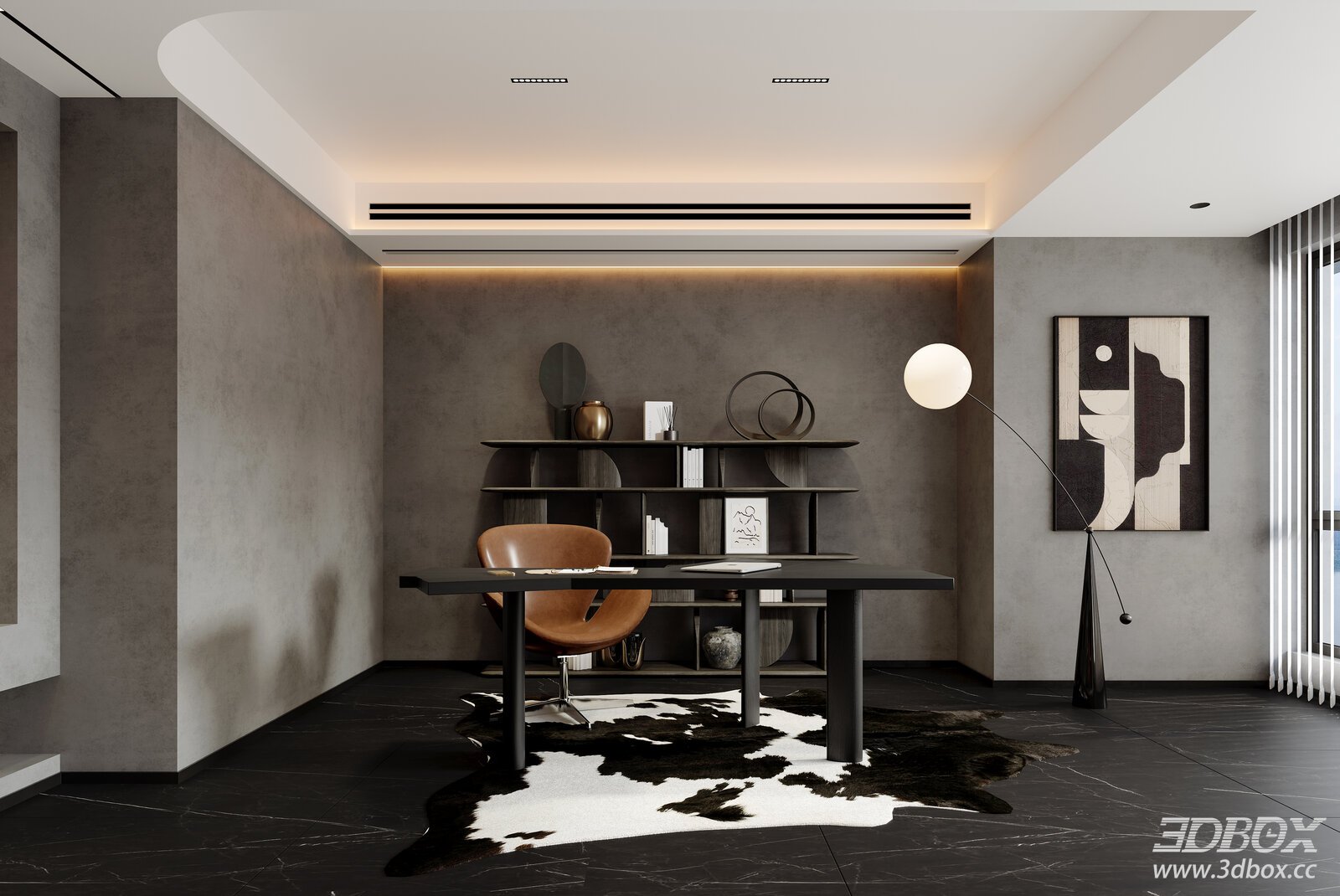 Modern Minimalist Dark Style Study Workroom Interior 3D model - front view