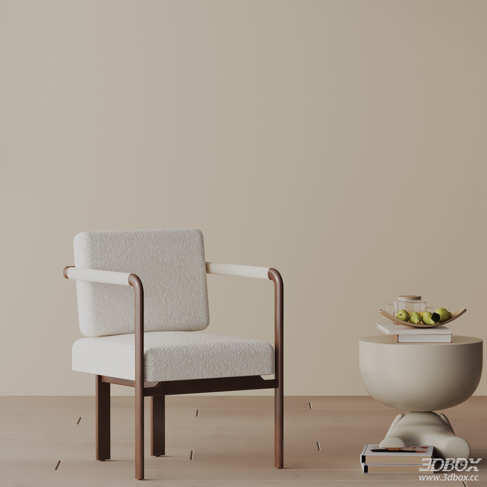 Modern Minimalist Boucle Fabric Armchair with Wooden Frame 3D model - front view