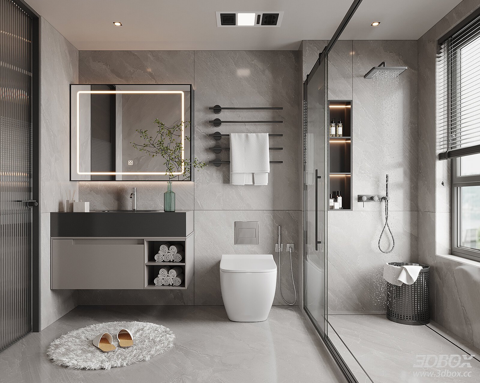 Modern Minimalist Marble Bathroom Scene 3D model - front view