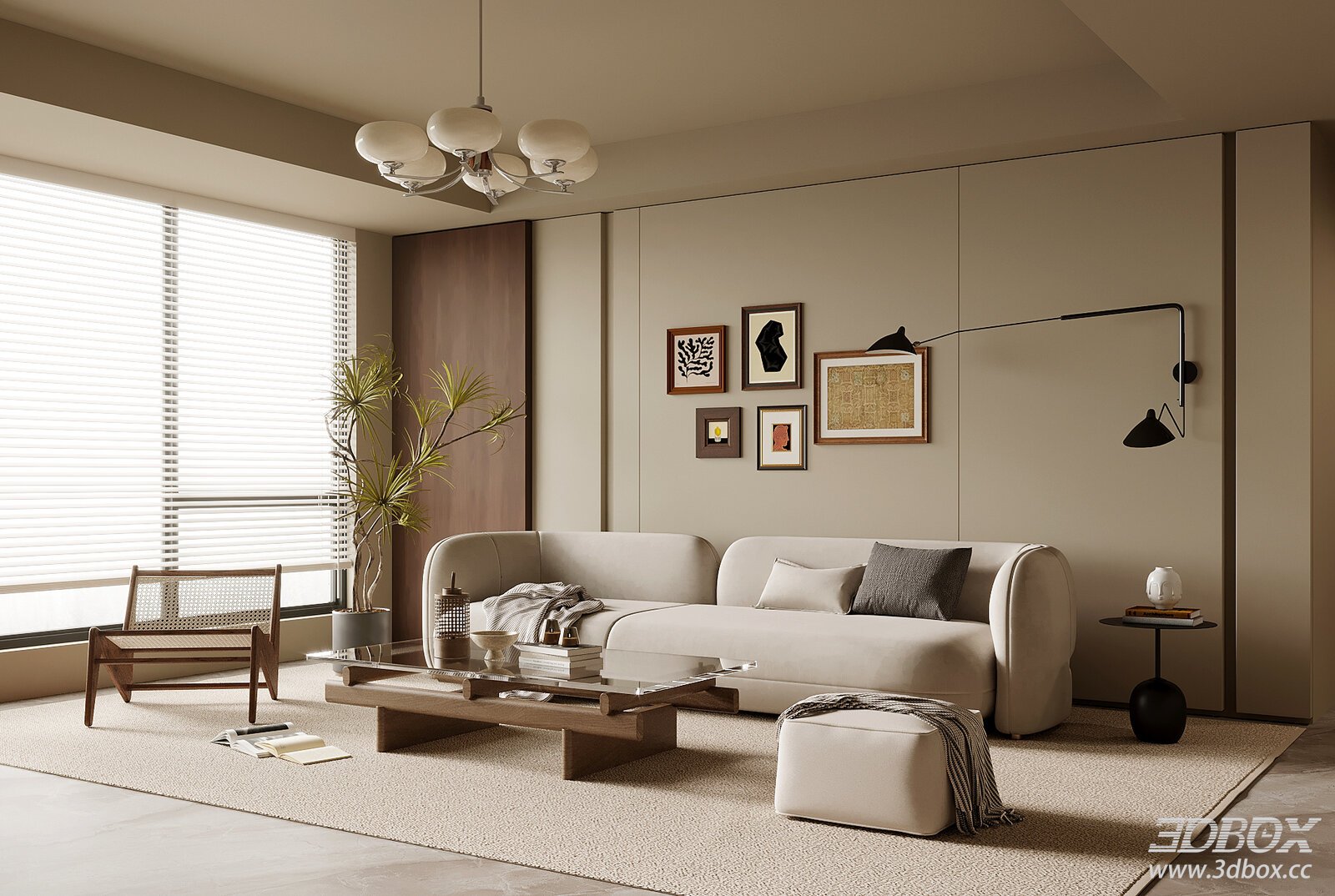 Mid-century Modern Living Room Sofa Coffee Table Set 3D model - front view