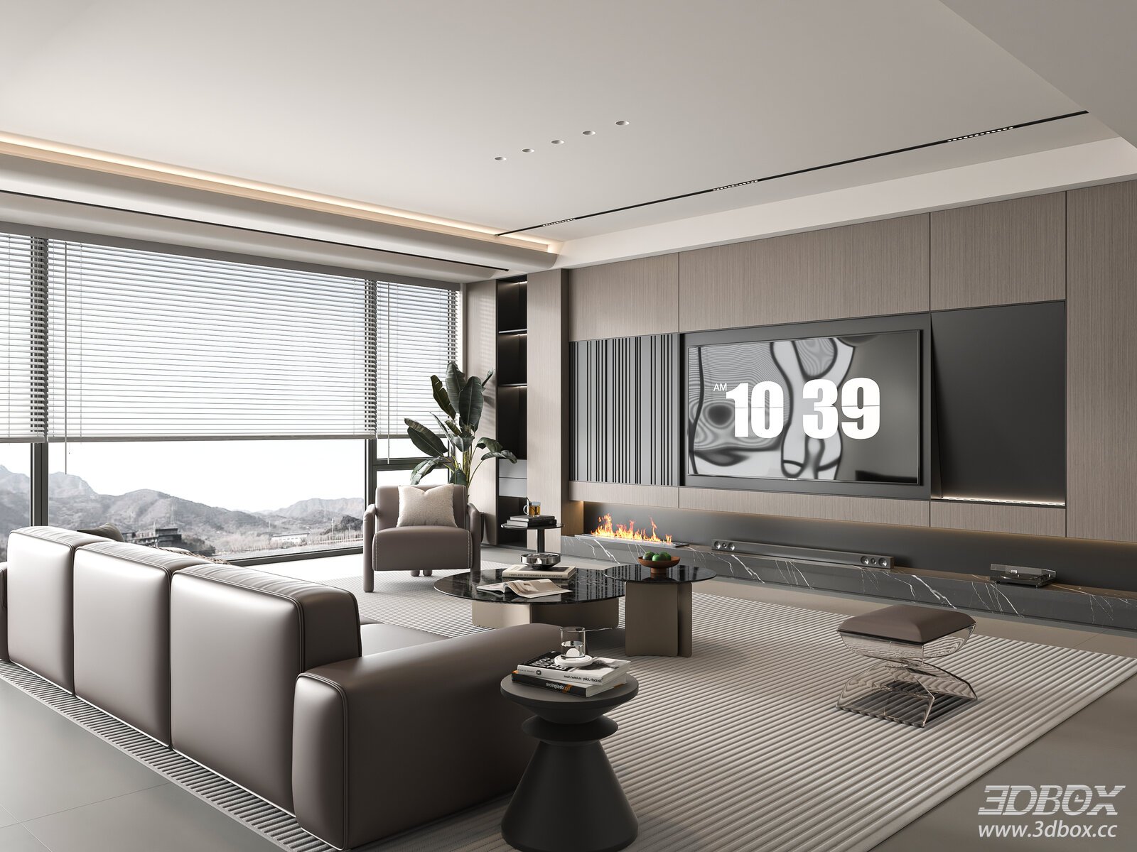Modern Minimalist Luxury Living Room with Leather Sofa and TV Wall 3D model - front view
