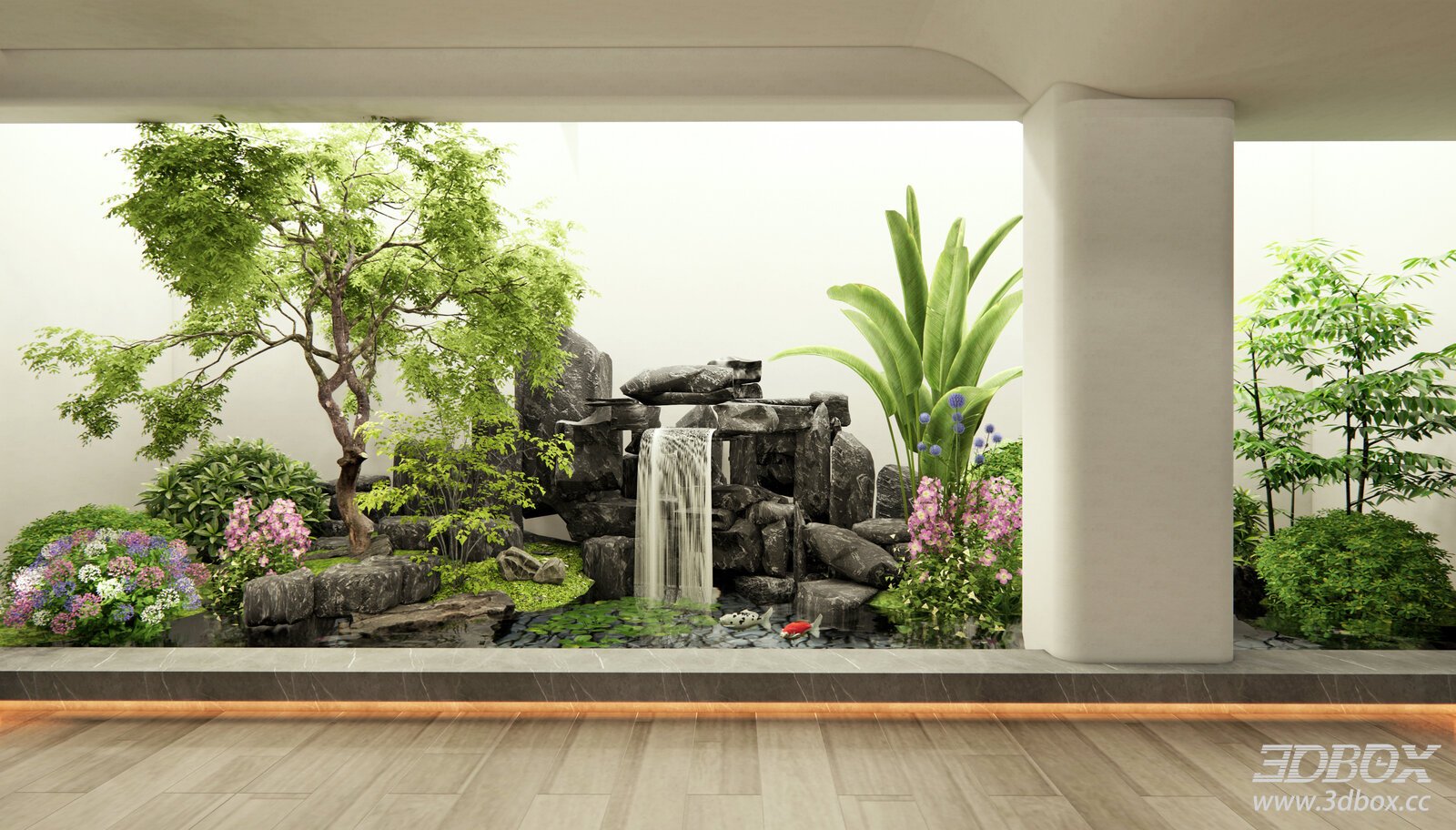 Modern Indoor Zen Landscape Waterfall Rockery Plant Scene 3D model - front view