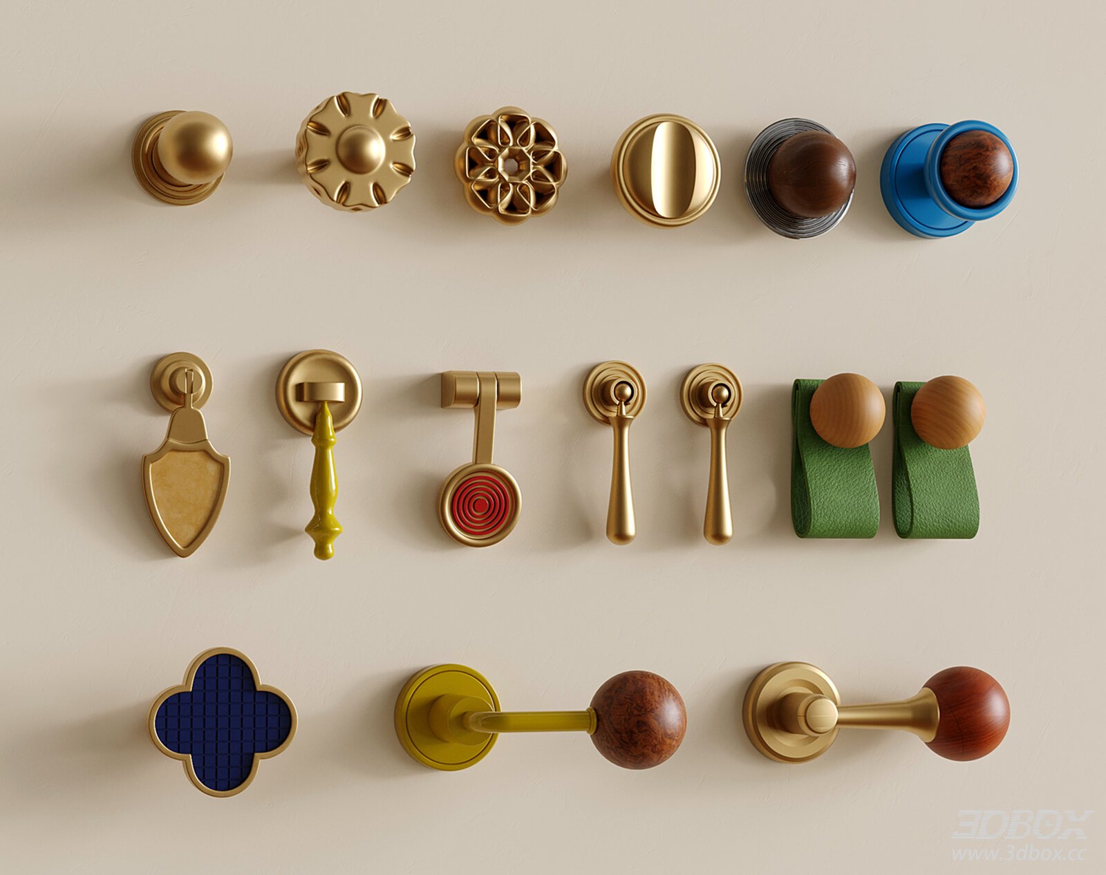 Decorative Cabinet Knobs and Drawer Pulls Set 3D model - front view