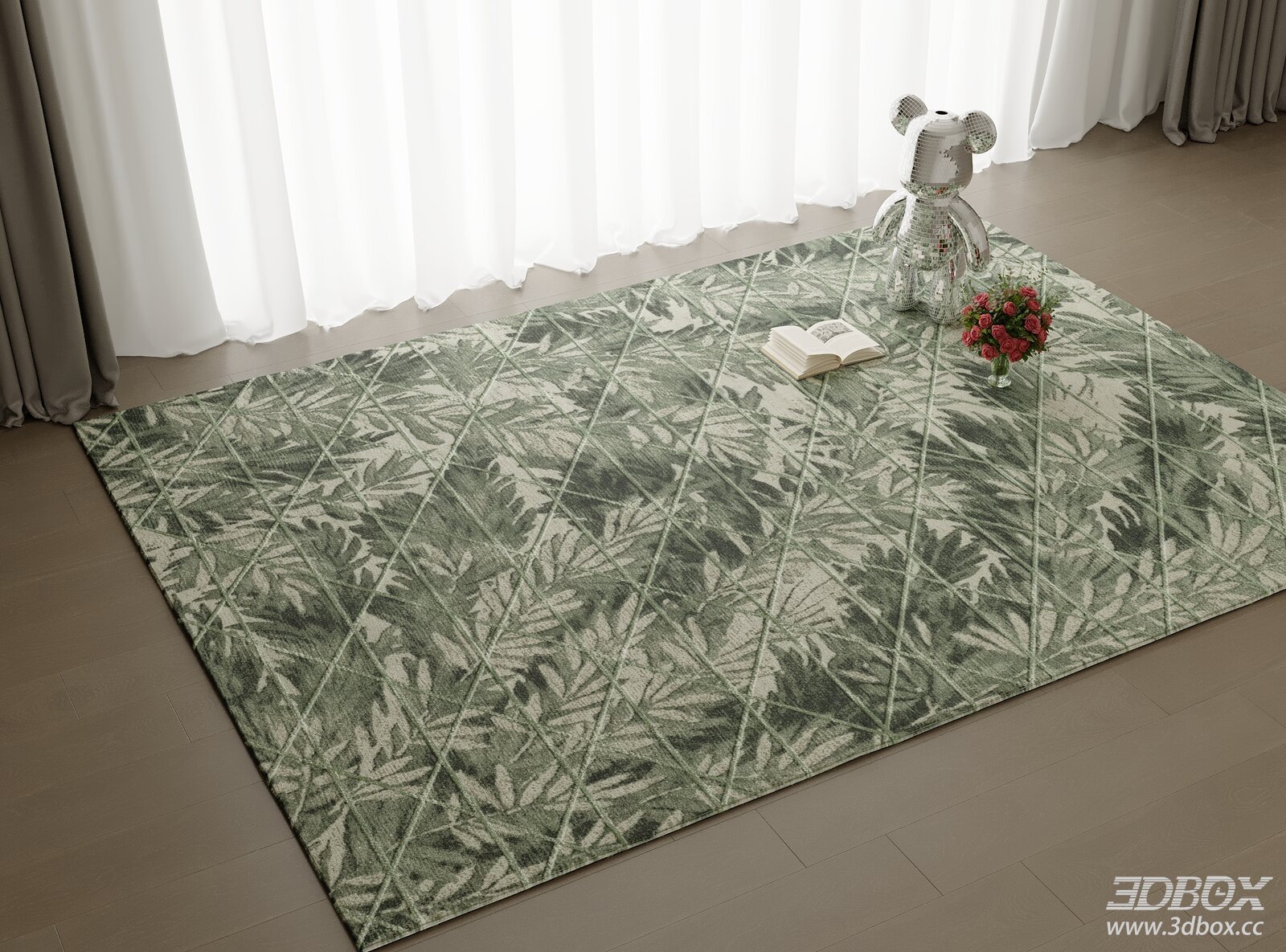 Modern Green Leaf Pattern Geometric Carpet 3D model - front view