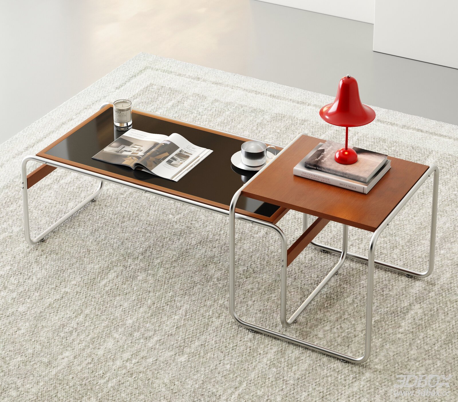 Mid Century Bauhaus Coffee Table Side Table Set 3D model - front view