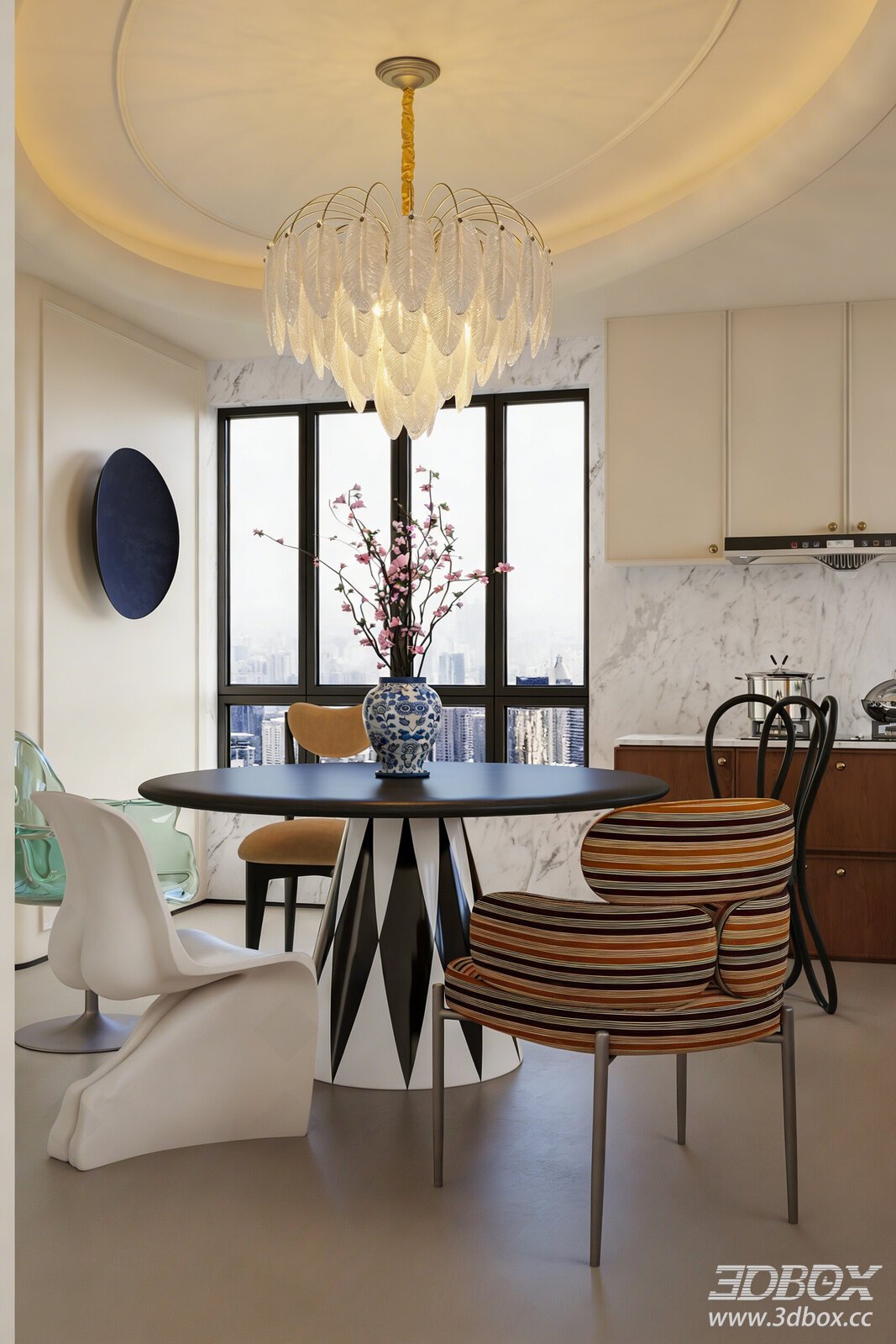 French Luxury Open Kitchen Dining Room with Round Table 3D model - front view