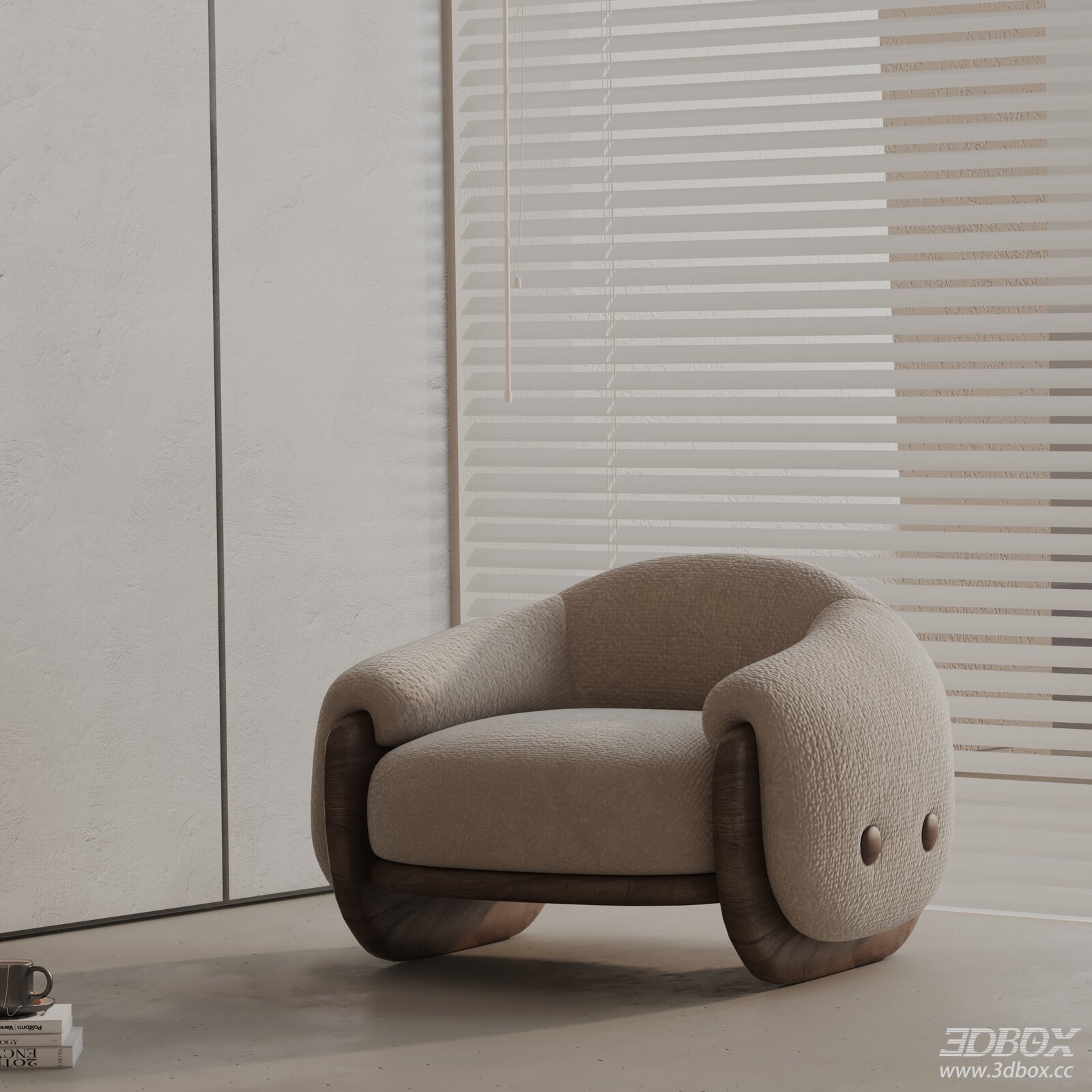 Modern Fabric Upholstered Wooden Frame Armchair 3D model - front view