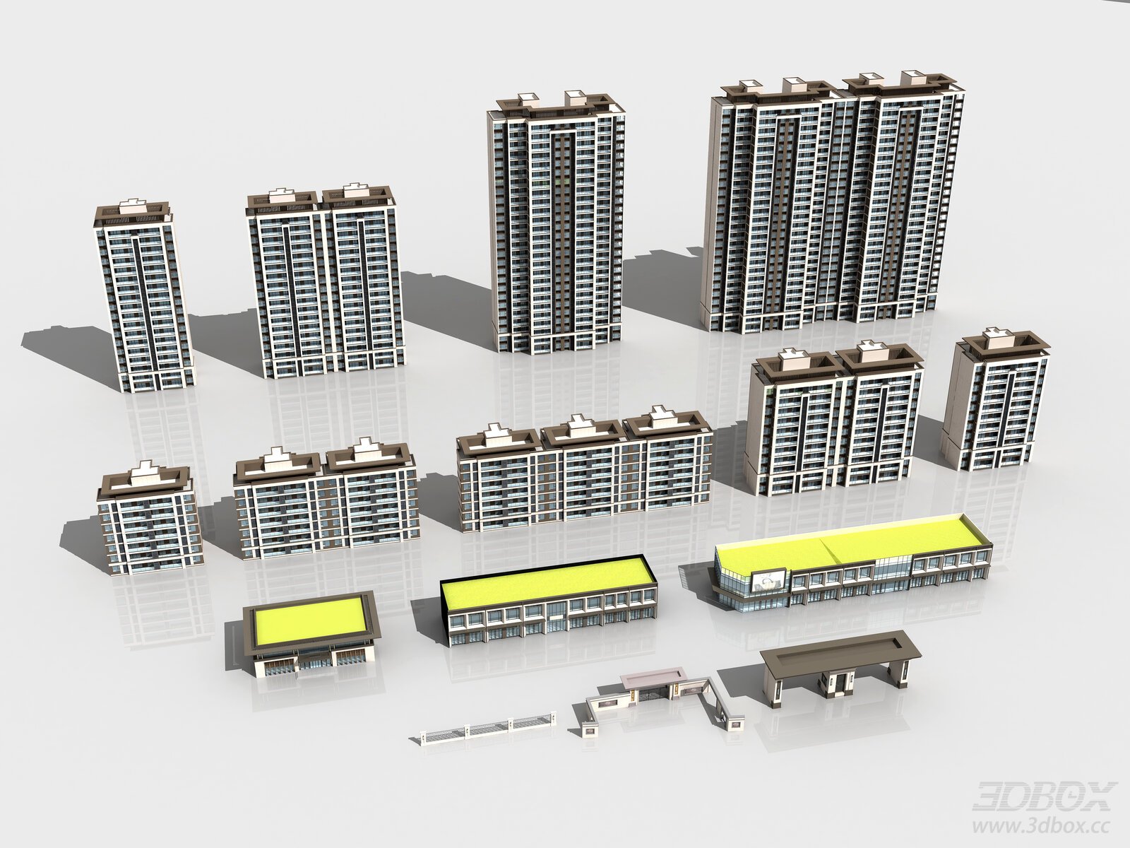 New Asian Neoclassical Residential Building Set 3D model - front view