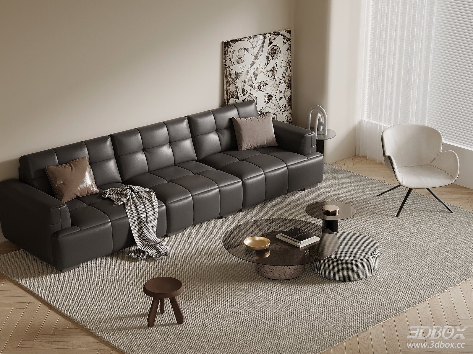 Modern Italian Style Leather Sofa Coffee Table Living Room Set 3D model - front view